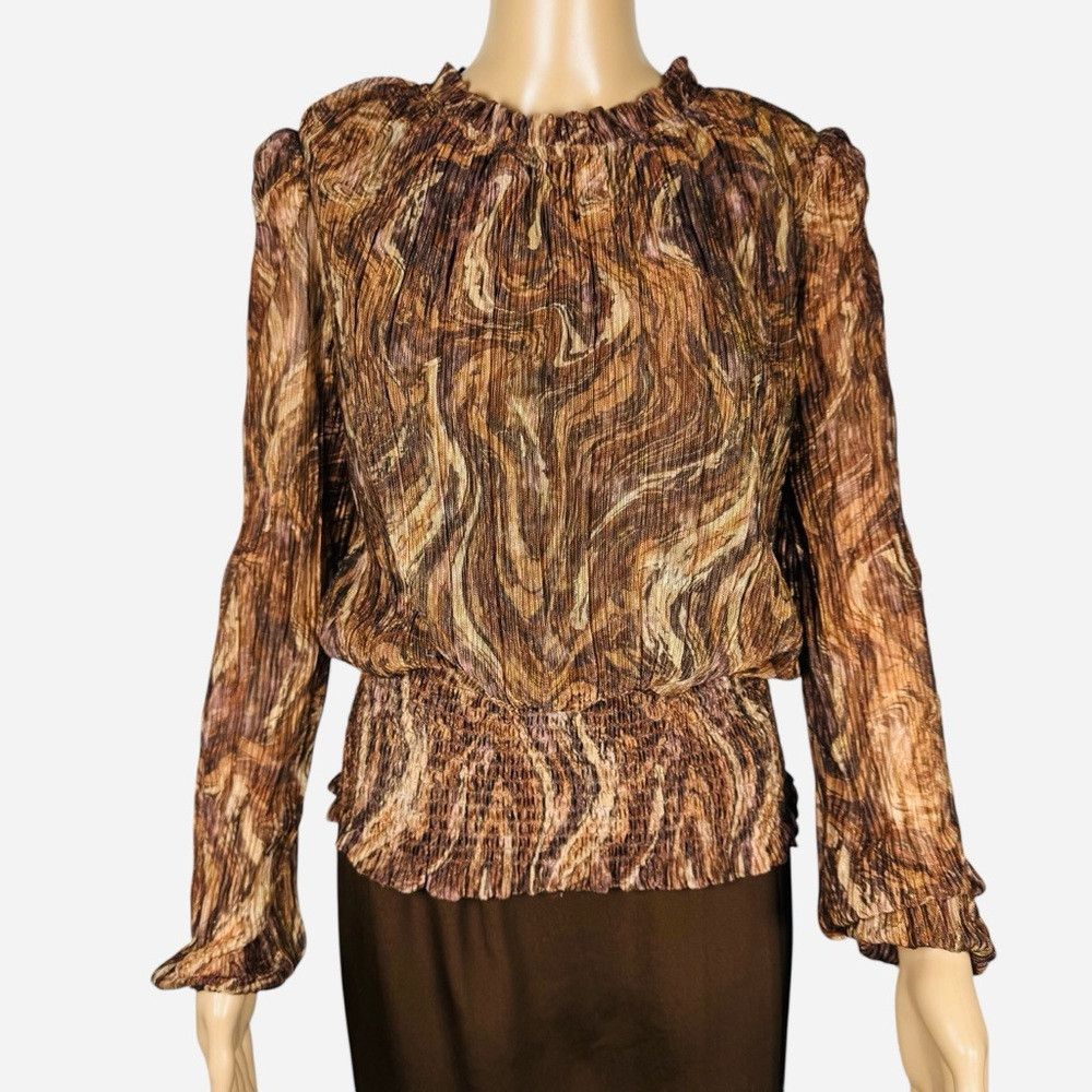 Joie NWT New Joie Long Sleeve Marble Smocked Waist Blouse Size L Size L / US 10 / IT 46 - 1 Thumbnail