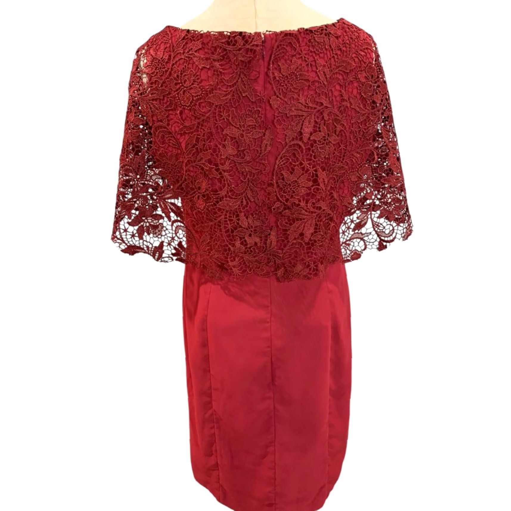 A.W. Bridal Dress Sheath Size 14 Women Long Burgundy Red Lace Overlay  Sleeve Dark Red Wine
