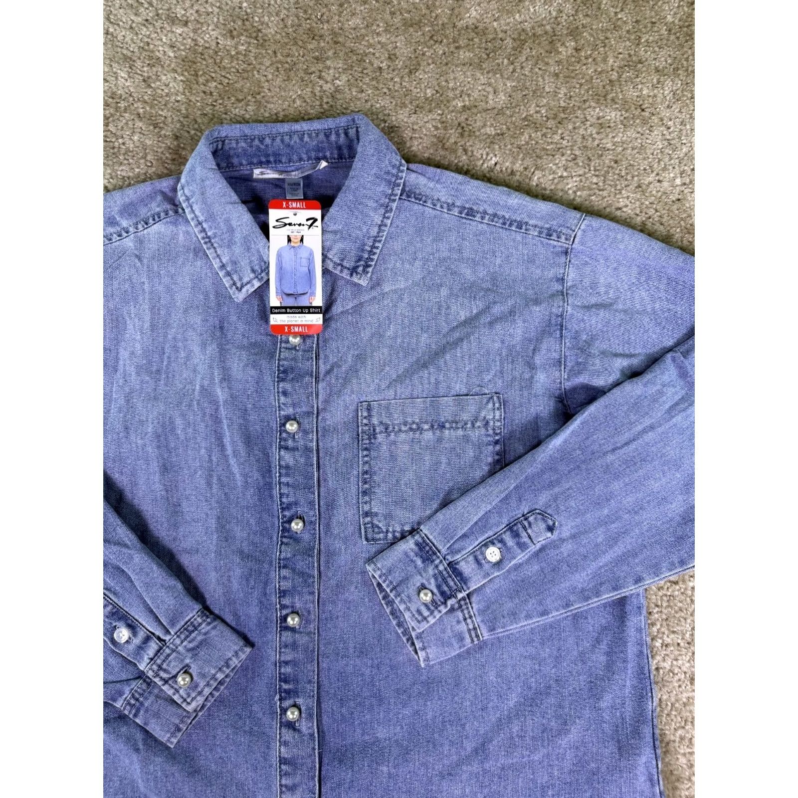 Vintage Seven7 Denim Button Up Shirt Womens XS Blue Long Sleeve Pearl Button NWT E906 Size XS / US 0-2 / IT 36-38 - 2 Thumbnail