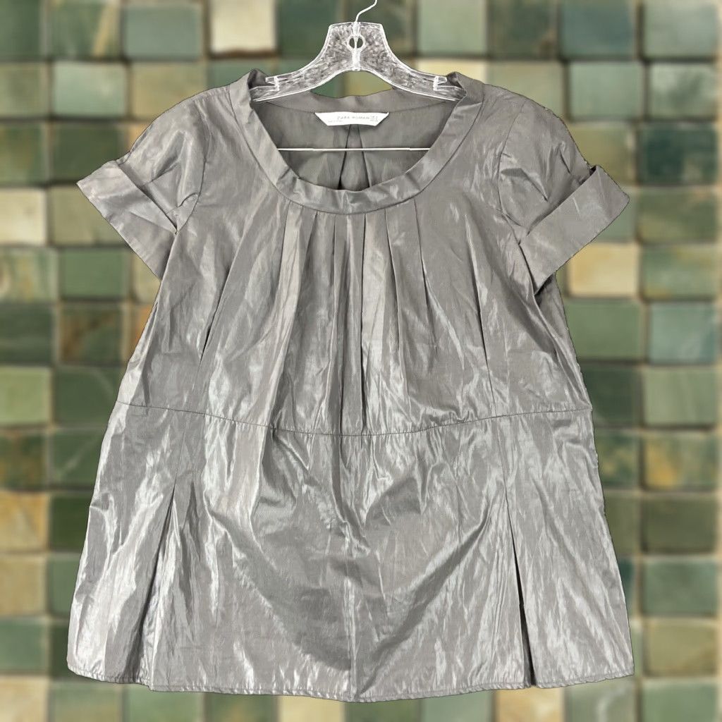 Zara Zara Womens Blouse Gray Short Sleeves Pleated S Small Size S / US 4 / IT 40 - 1 Thumbnail