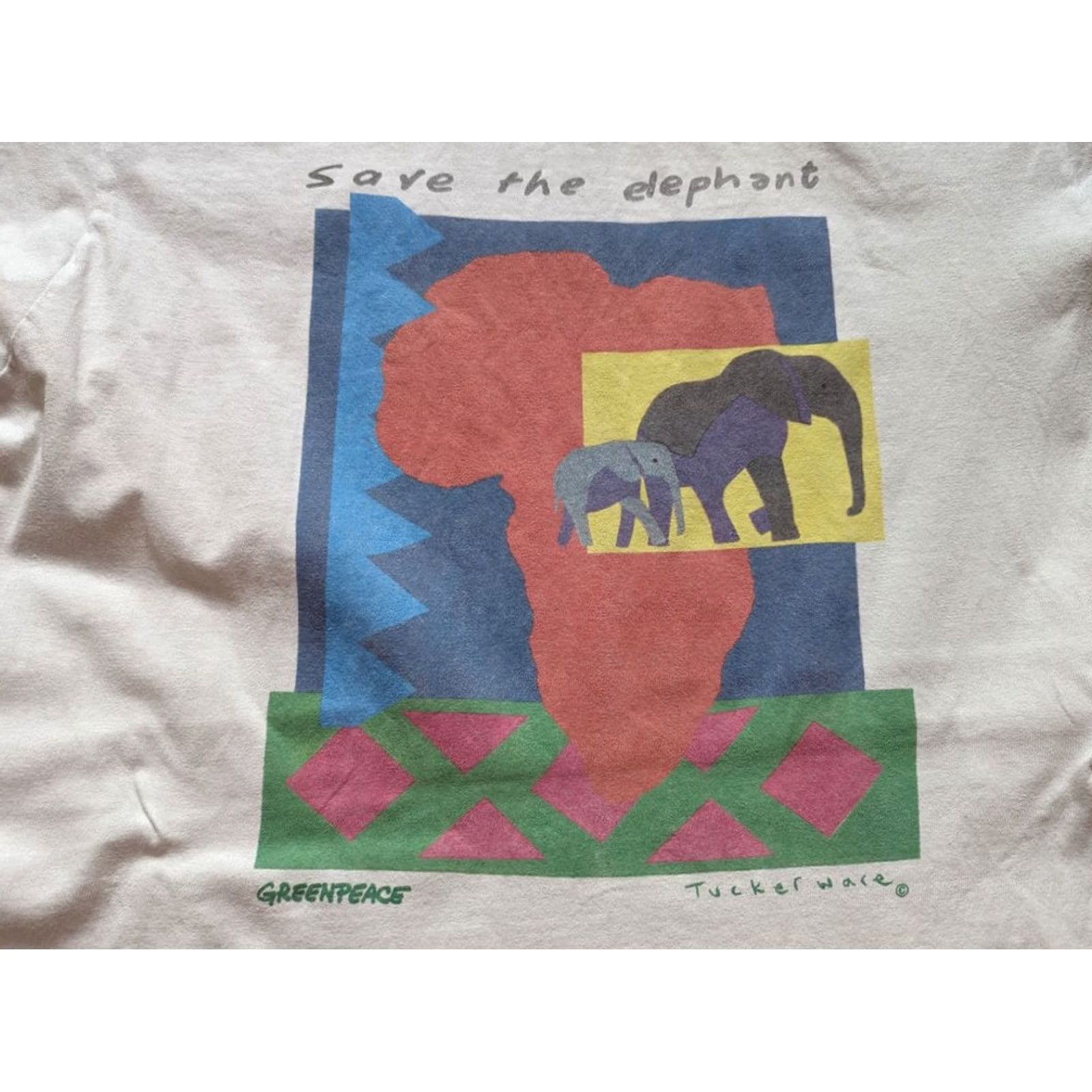 Vintage VINTAGE Save the elephant Greenpeace Tucker Ware Shirt Single Stitch White S XS Mens Size US S / EU 44-46 / 1 - 2 Thumbnail