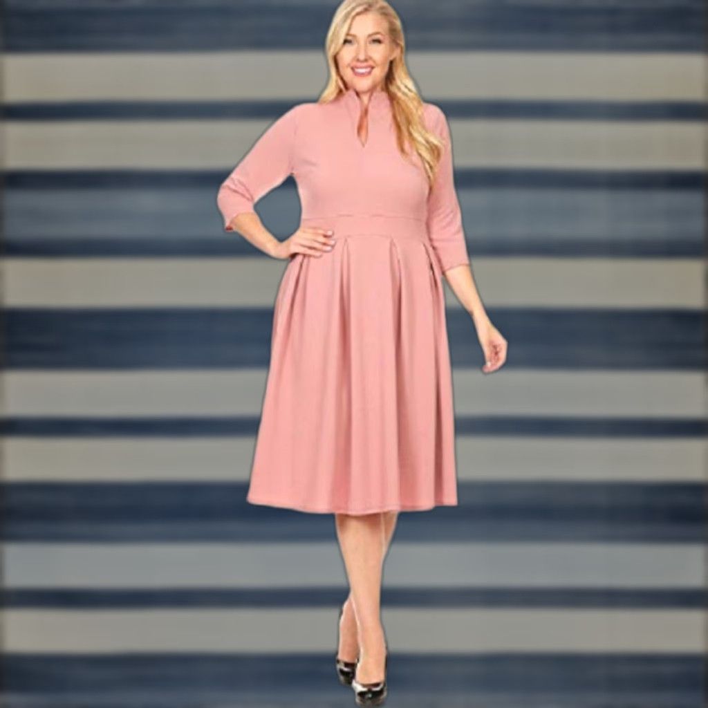 Vintage Pastel by Vivienne Women's Textured Fit & Flare Midi Dress with Pleated Skirt in Plus Size Pink Rose 3XL V-Neck A-Line 3/4 Sleeve Size 40" / US 18 - 1 Thumbnail