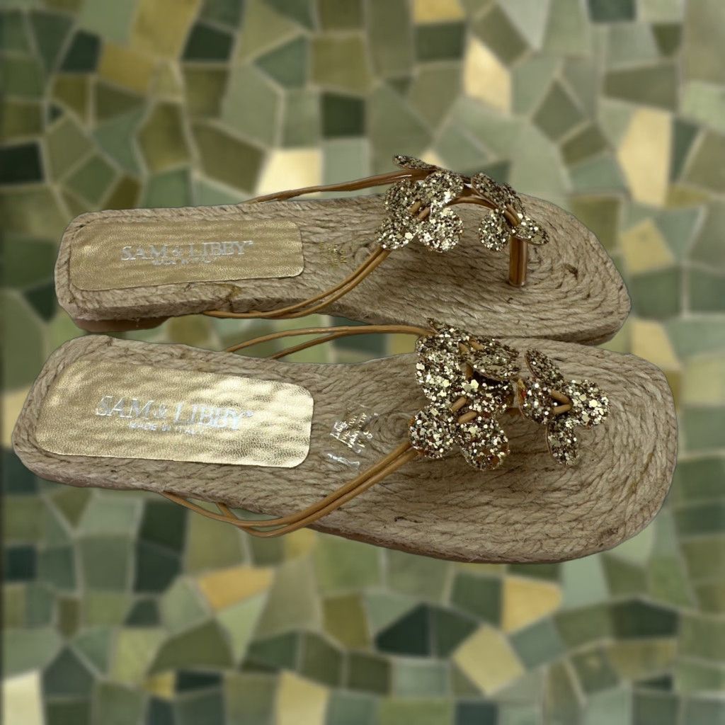 Vintage Sam & Libby Womens Sandals Size 6 M Flip Flops Brown Glitter Floral Jute Flats Size US 6 / IT 36 - 1 Thumbnail