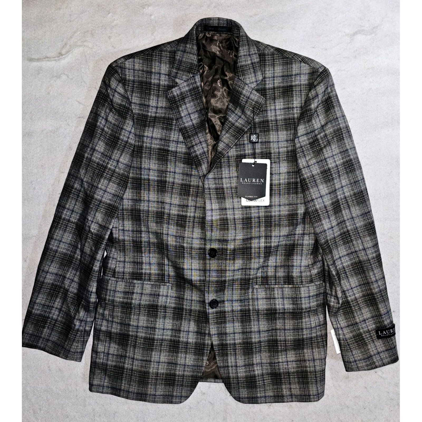 Ralph Lauren VINTAGE? (No) NWT Ralph Lauren Men Lexington Ultraflex Blazer Suit Coat Mens Sz 38R Taupe/Blue Check Blazer Jacket 38 Regular Mens Size 38R - 2 Thumbnail
