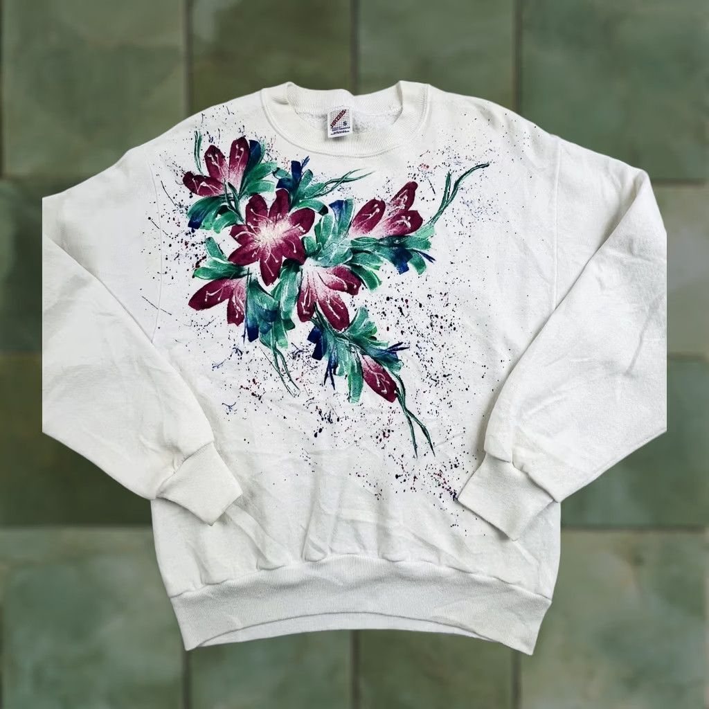 Jerzees VINTAGE Jerzees Sweatshirt Small White Floral Paint Splatter Fleece USA VTG Size S / US 4 / IT 40 - 1 Thumbnail