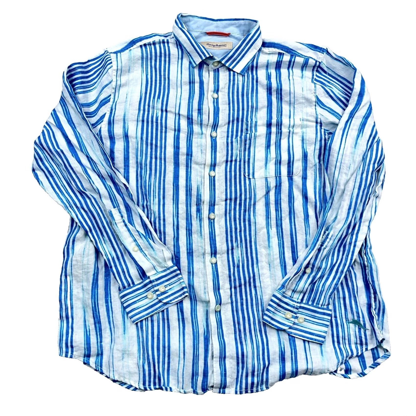 Tommy Bahama VINTAGE Tommy Bahama Shirt Men XL Blue Striped Linen Button Up Camp Beach Preppy Vacation Size US XL / EU 56 / 4 - 2 Thumbnail