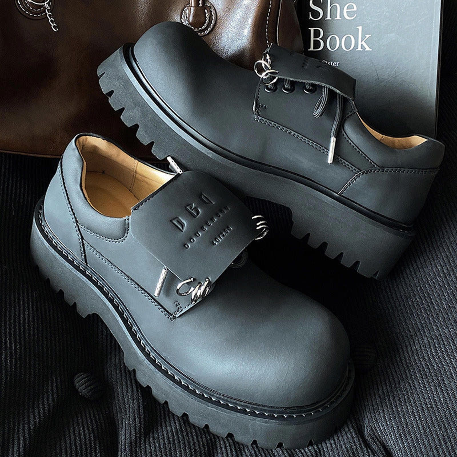 Japanese Brand Metal-Earring Derby Shoes | Matte Black Leather Shoes Size US 11 / EU 44 - 5 Thumbnail