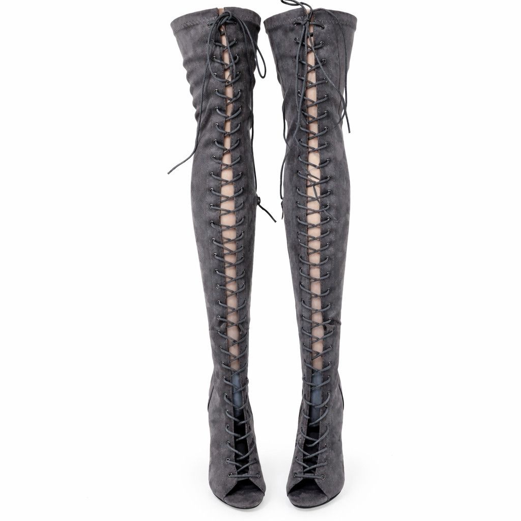 Other Top Show Gray Stretch FX Suede Lace Up Open Toe High Heel OT Size US 8 / IT 38 - 3 Thumbnail
