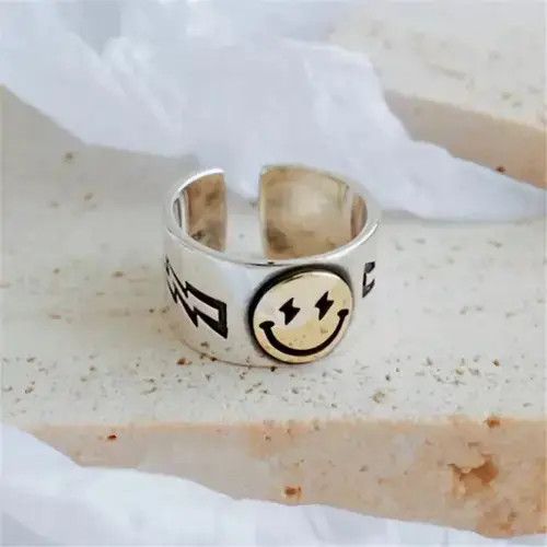 Jewelry × Vintage .925 Silver Smiley Face Adjustable Ring Size ONE SIZE - 3 Thumbnail