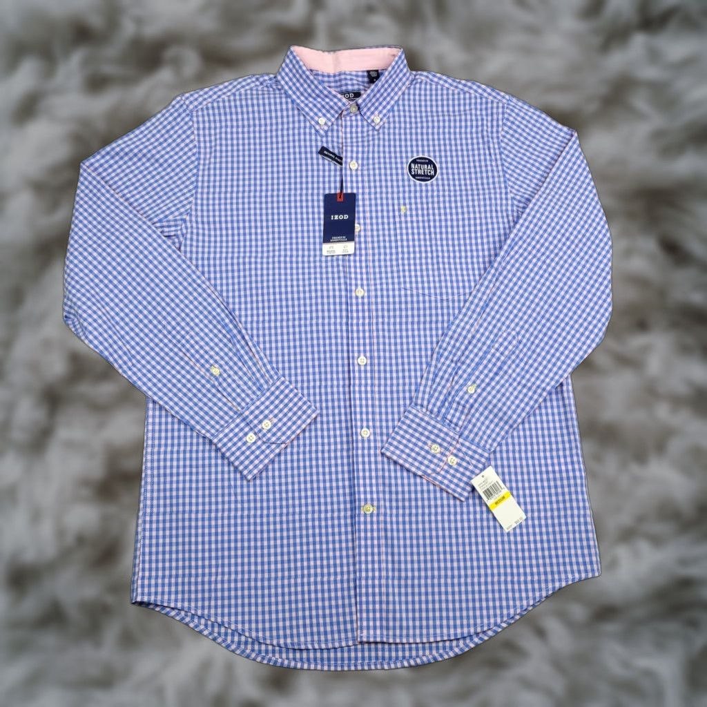 IZOD Shirt Mens M Blue Gingham Plaid Long Sleeve Button-Up - Premium Natural Stretch