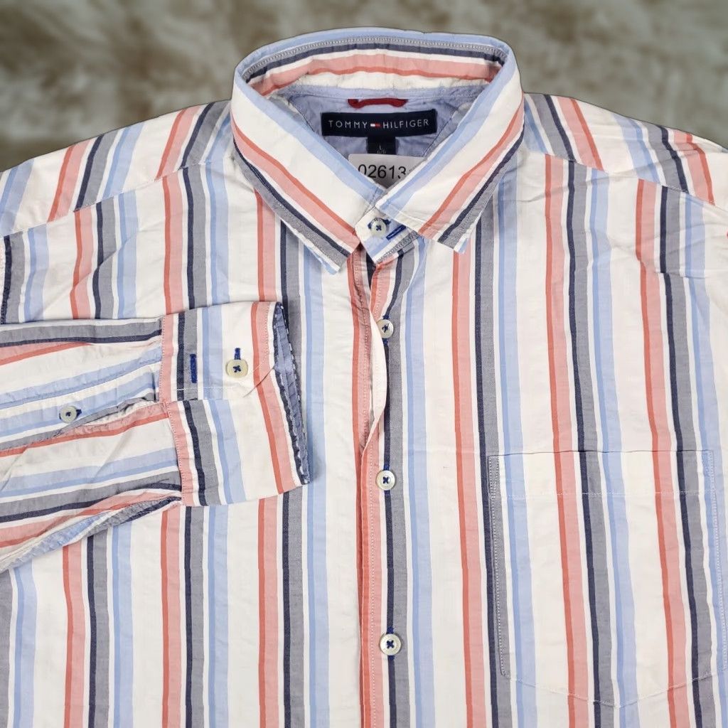 Tommy Hilfiger Tommy Hilfiger Button-Up Shirt Mens Large Red Blue Striped Long Sleeve Classic Casual Size US L / EU 52-54 / 3 - 1 Thumbnail