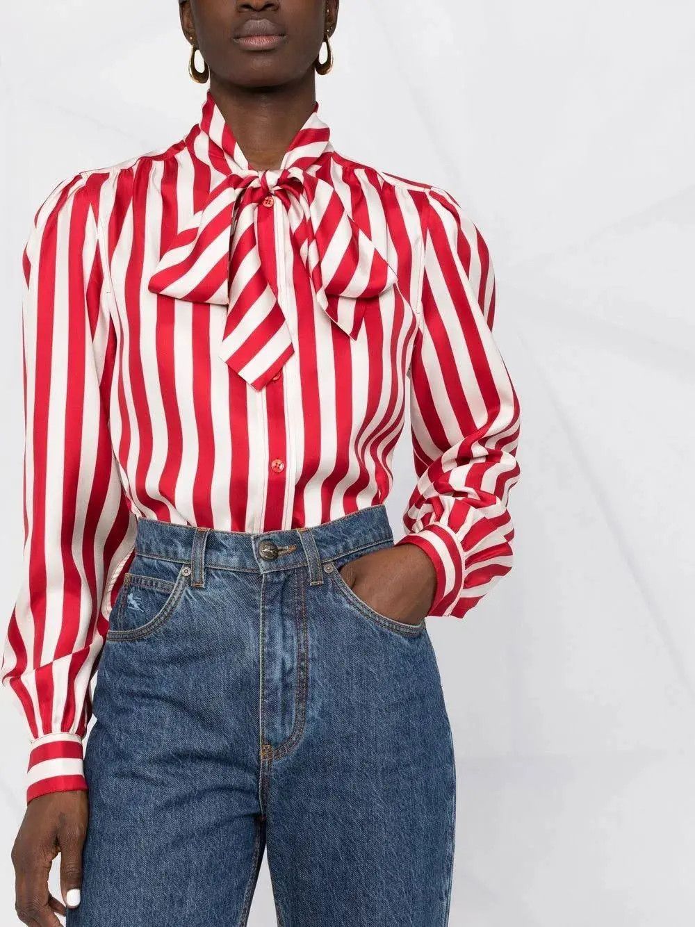 Saint Laurent Paris o1s1wg111024 Lavallière Shirt in Striped in Red/White Size M / US 6-8 / IT 42-44 - 3 Thumbnail