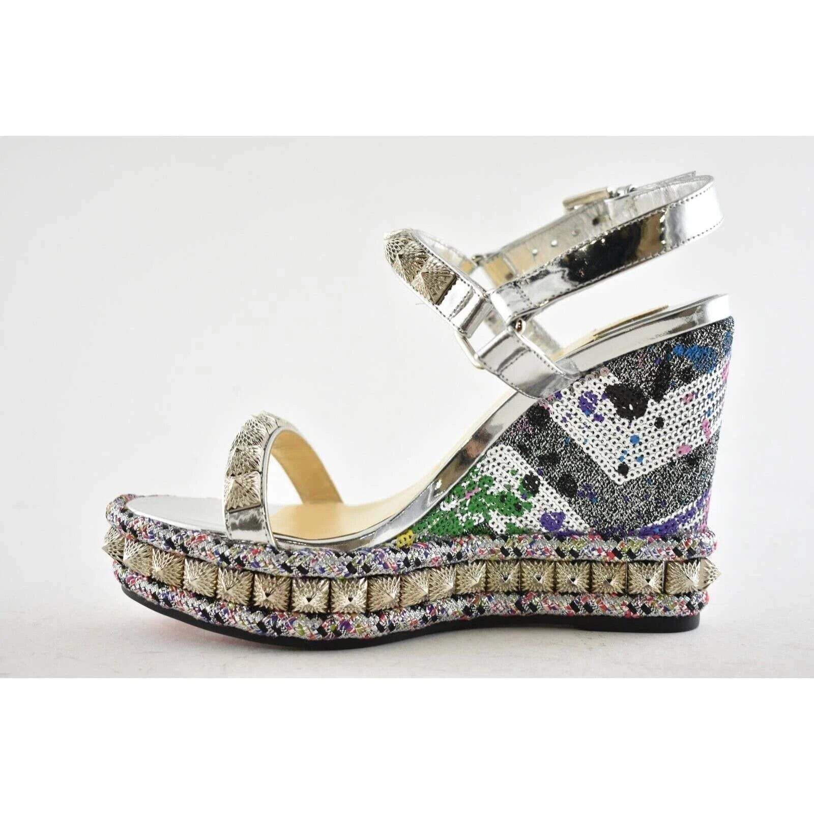 Christian Louboutin Pira Ryad 110 Silver Sequin Platform Wedge Sandal Heel 36 Size US 6 / IT 36 - 9 Thumbnail
