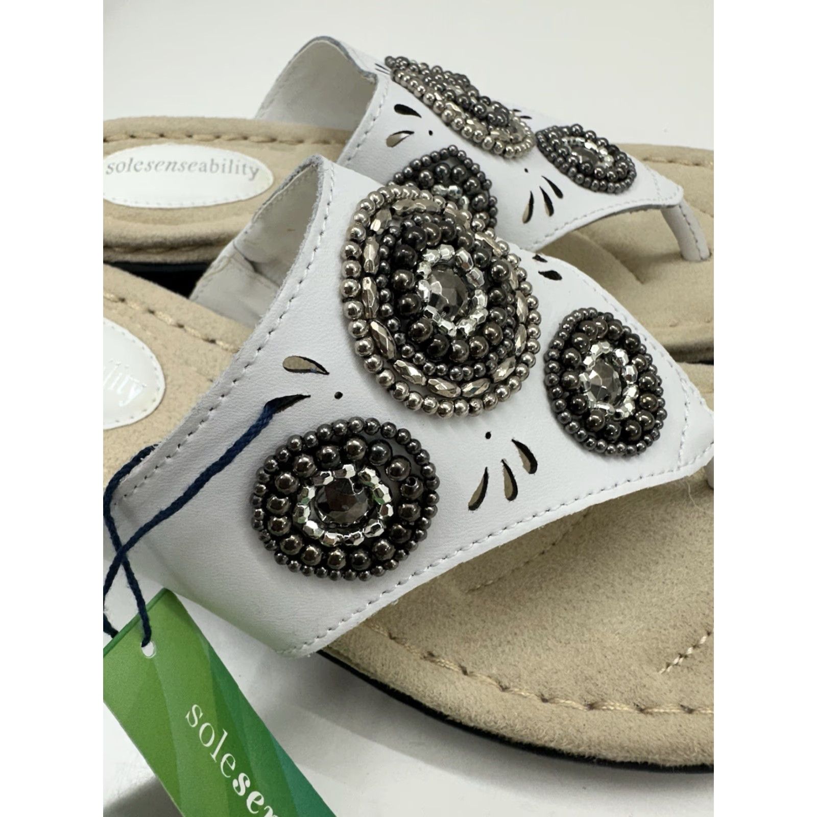 Vintage Solesenseability Womens Sandals Thong Slip-On Leather Beaded White 6.5 Casual Bohemian Shoes Womens In White Sandals Size US 7 / IT 37 - 4 Thumbnail