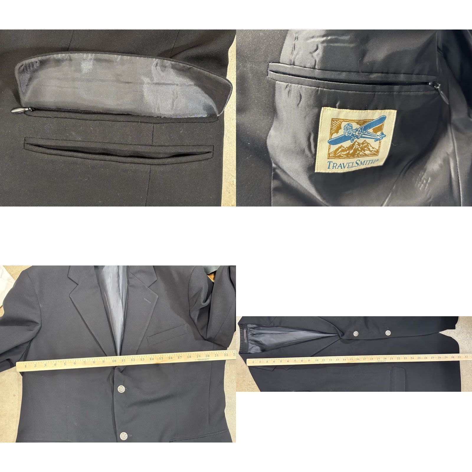 Vintage TravelSmith Blazer Sport Coat Mens 44R Black Travel Zip Pockets Classic 2-Button Jacket"} Size 42R - 8 Thumbnail