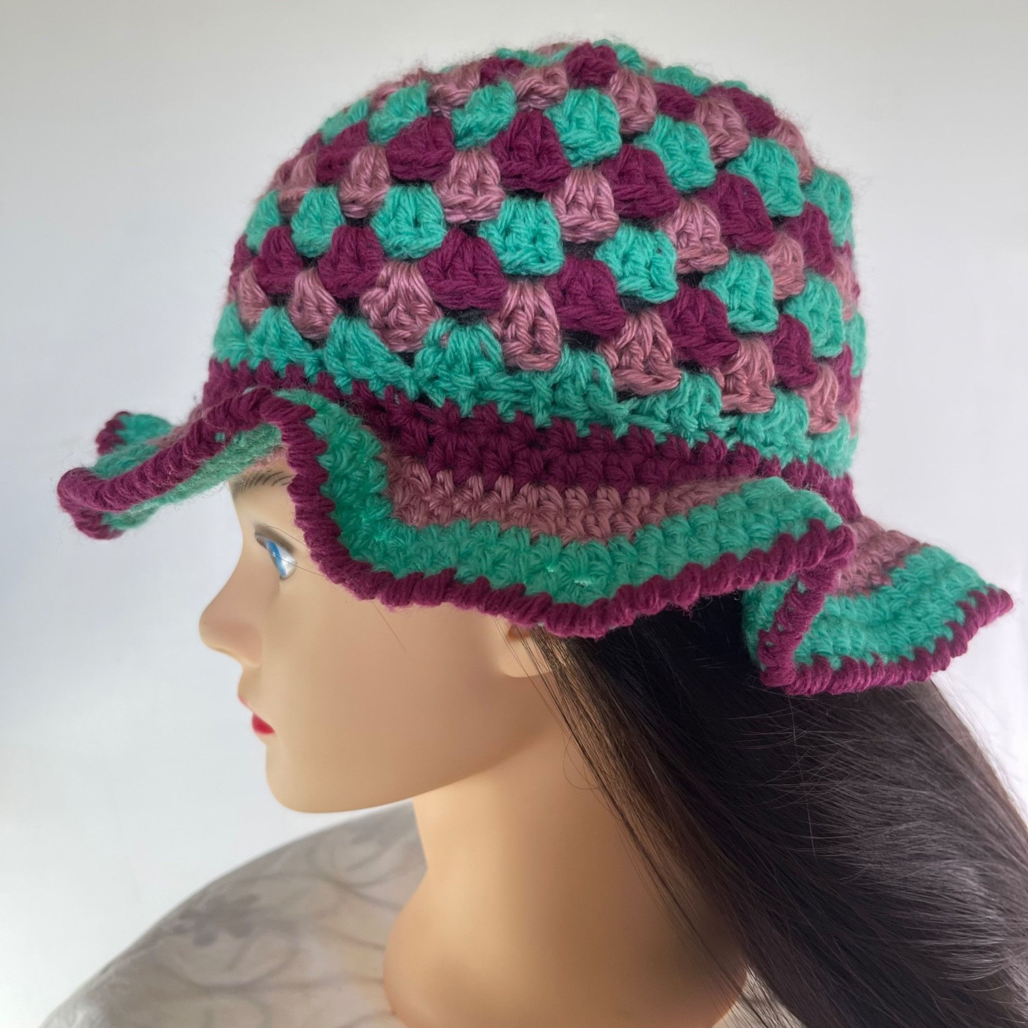 Handmade Crochet Bucket Hat Granny Square Pattern Teal and Mauve Adul Size ONE SIZE - 2 Thumbnail
