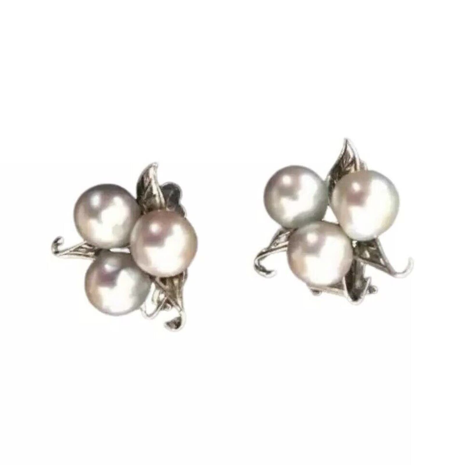 image of Antique Natural 3 Pearl Stud Earrings Sterling Silver Signed in Cream, Men's