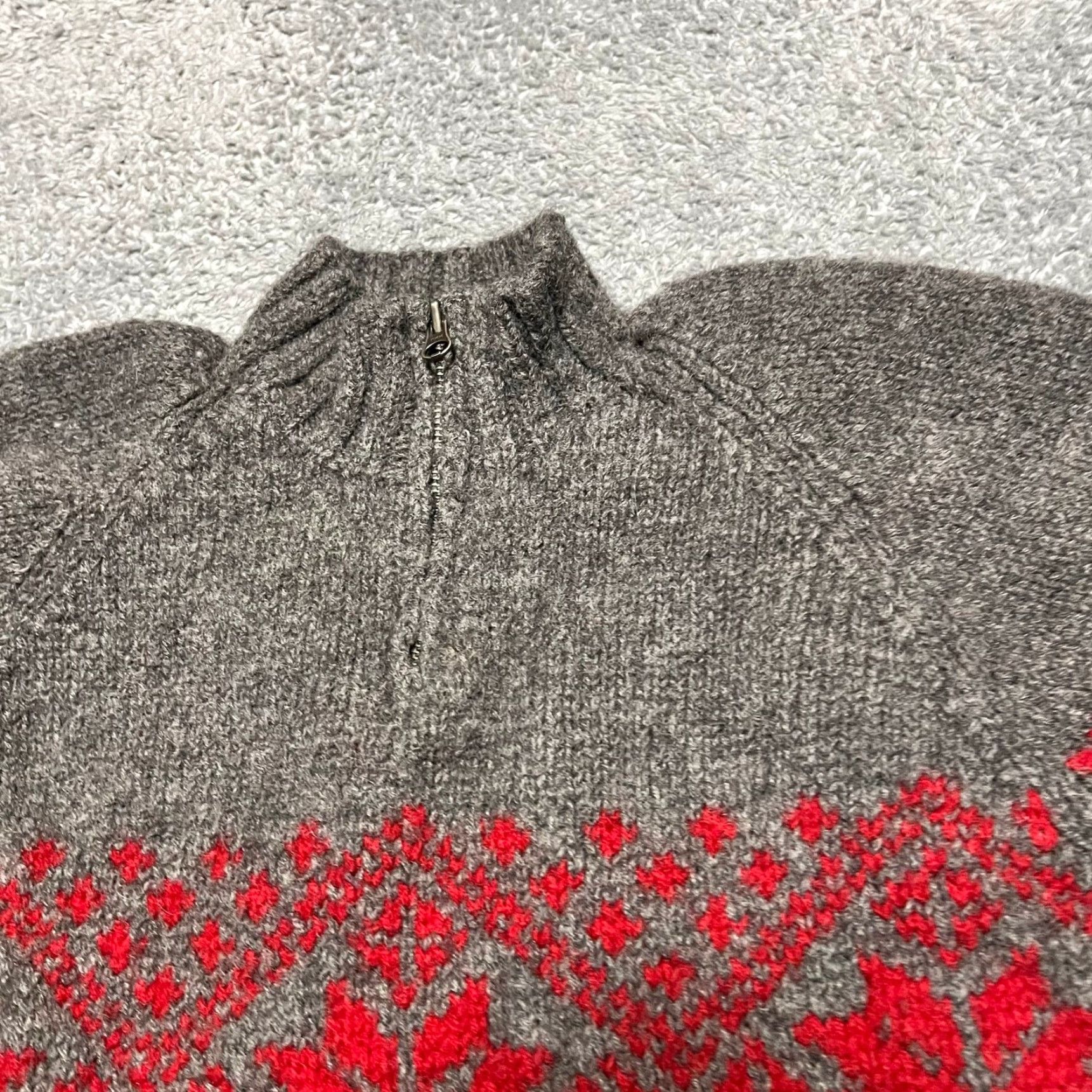 J.Crew J.Crew Sweater Mens L 100% Wool Gray & Red Fair Isle 1/4 Zip Pullover Men Size US L / EU 52-54 / 3 - 2 Thumbnail