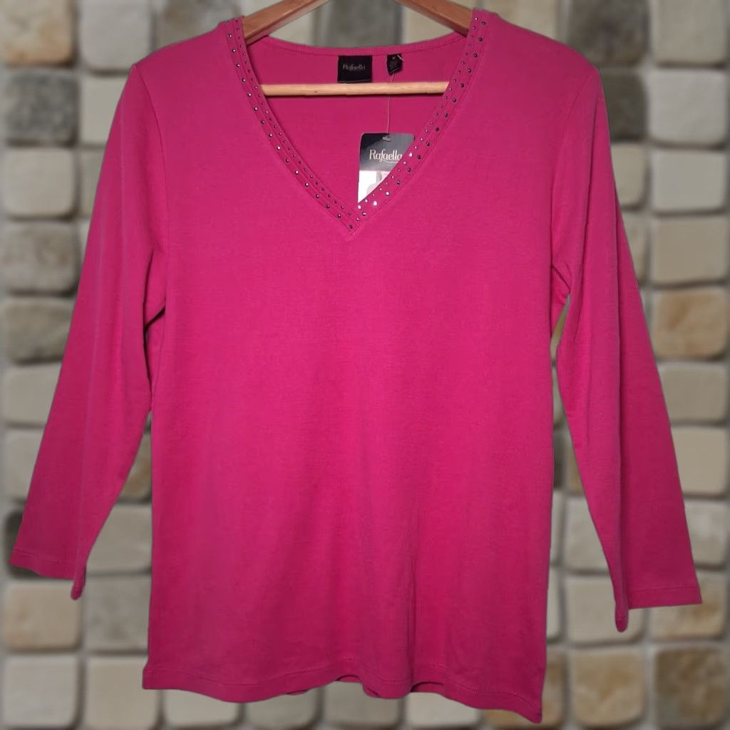 Vintage Rafaella Shirt Women M V-Neck Pink Knit Cotton Long Sleeve Studded NEW Size M / US 6-8 / IT 42-44 - 1 Thumbnail