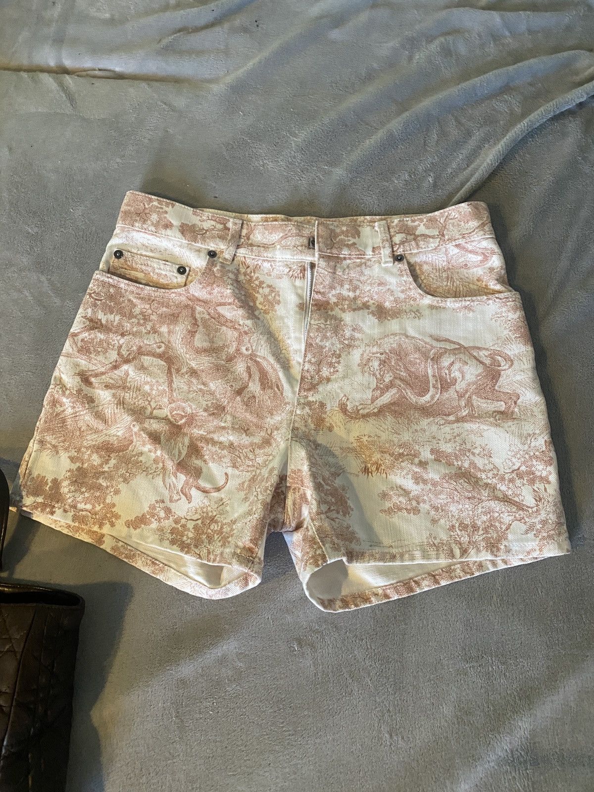 image of Dior Red & White Toile De Jouy Denim Shorts, Men's (Size 27)