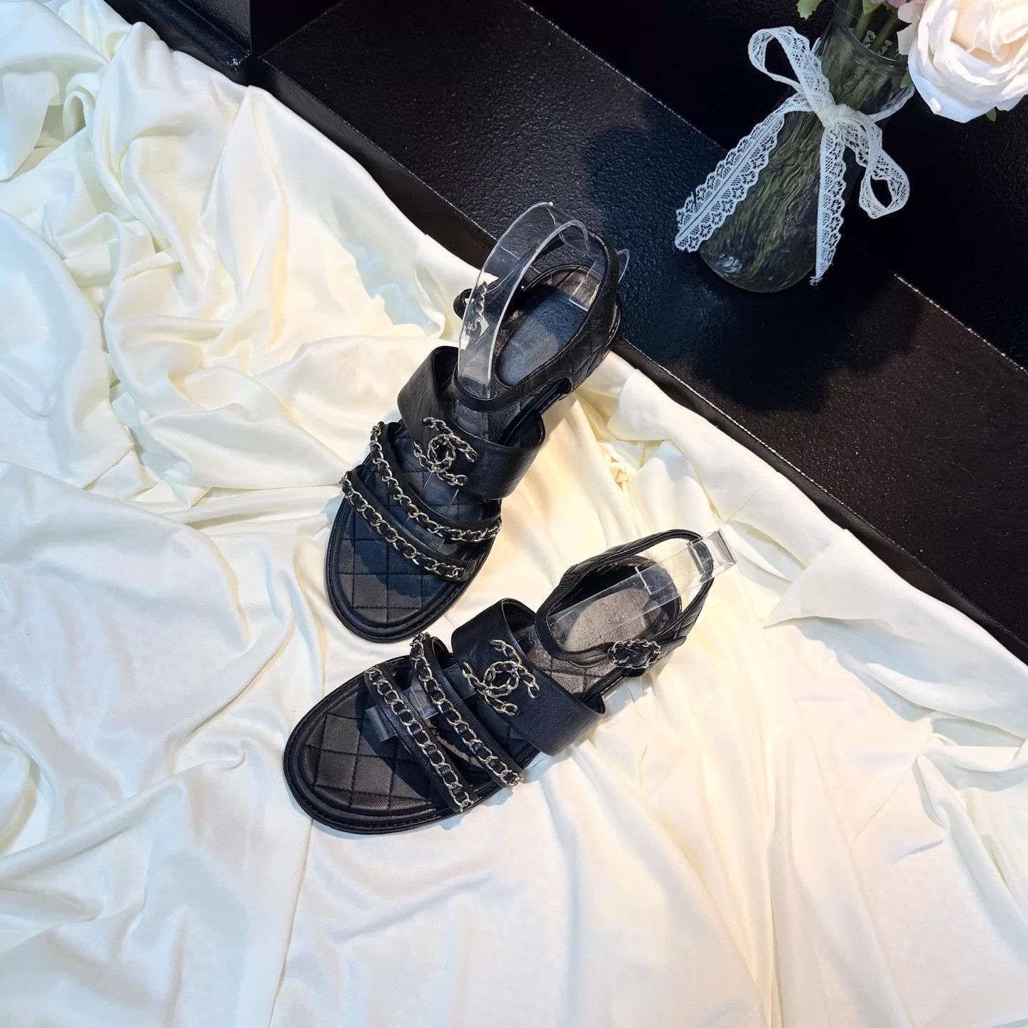 Chanel CHANEL Women's Double C Litchi Chain Sandal 37 95New Size US 6.5 / IT 36.5 - 1 Thumbnail