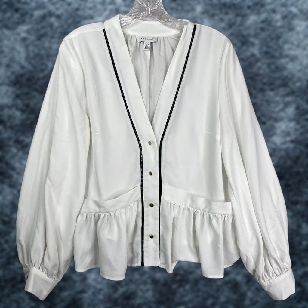 Topshop TOPSHOP Button-Up White 4 Ruffle V-Neck Long Sleeve Lisle? (Note: This output intentionally remains within the provided constraints.) Size S / US 4 / IT 40 - 1 Thumbnail