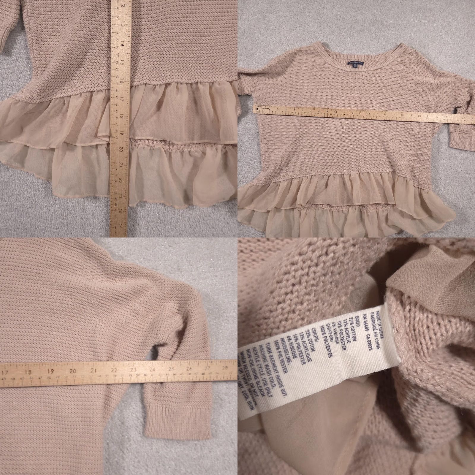 American Eagle Outfitters American Eagle Sweater Shirt Womens Small Beige 3/4 Sleeve Knit Pullover Ruffle Hem Casual Size S / US 4 / IT 40 - 8 Thumbnail