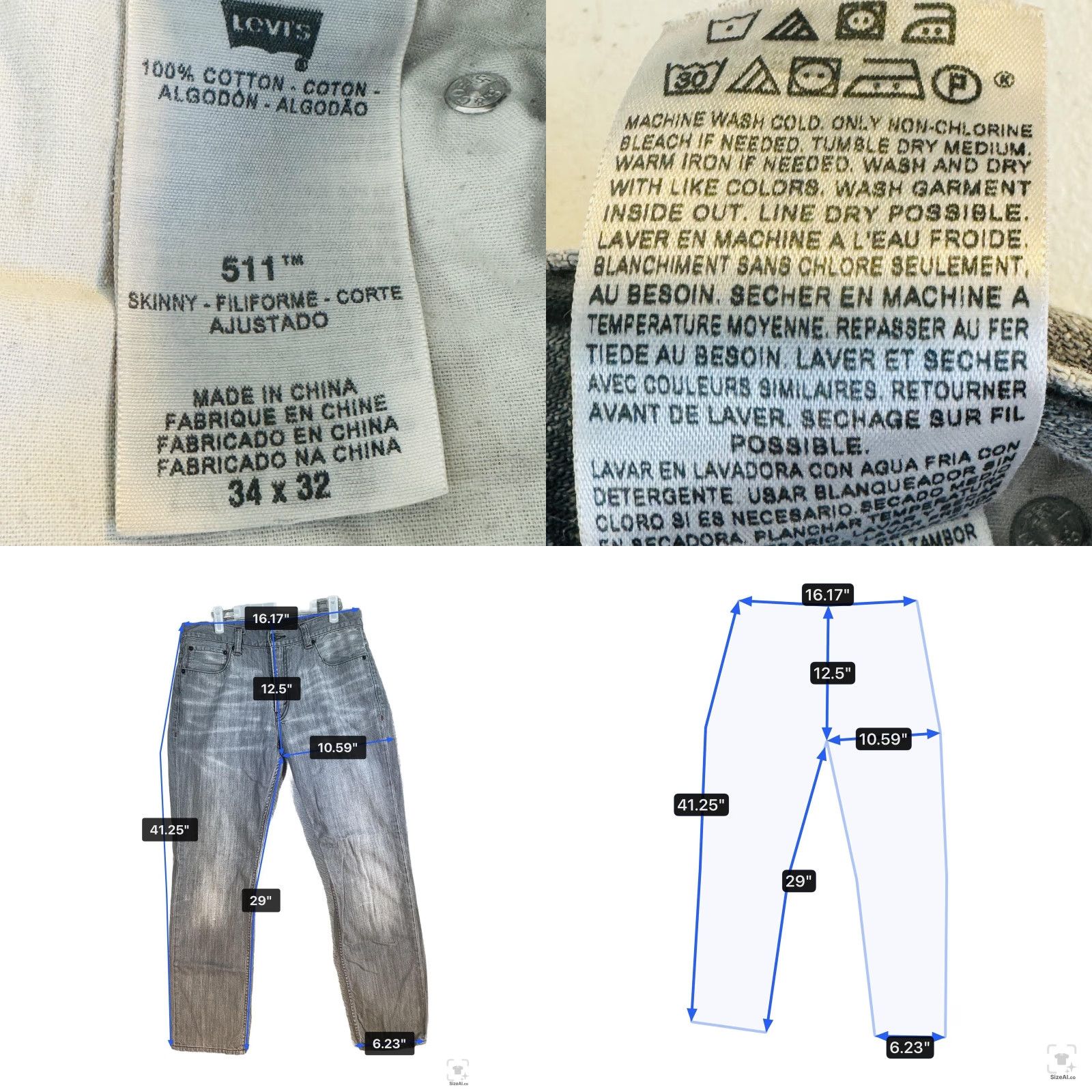Levi's Levi's 511 Jeans Mens 34x32 Gray Light Wash Slim Skinny Zip Fly Mid Rise Denim Size US 34 / EU 50 - 8 Thumbnail