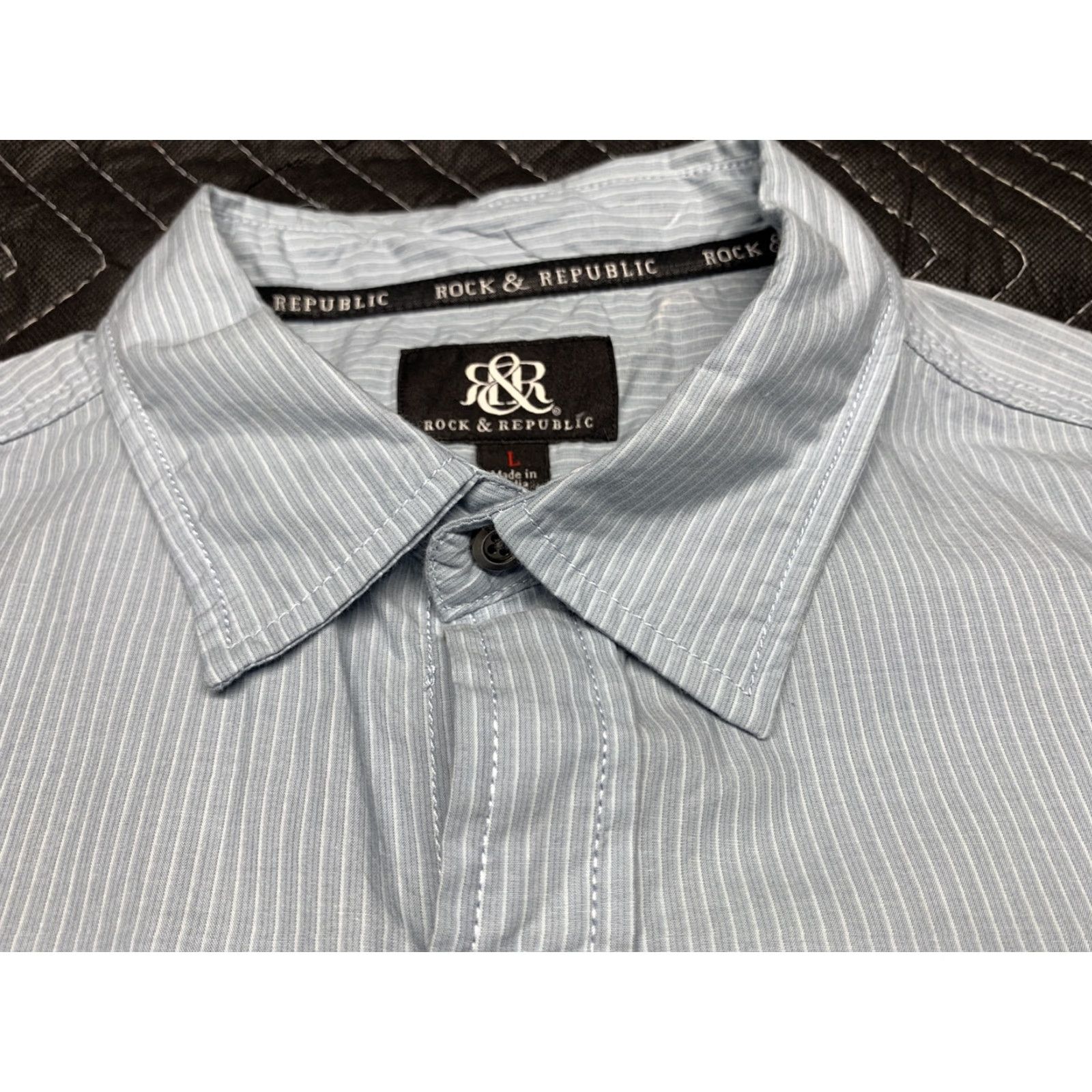 Vintage Rock & Republic Blue Striped Short Sleeve Button-Up Shirt Adult Large L Cotton Pockets Casual Mens Size US L / EU 52-54 / 3 - 6 Thumbnail