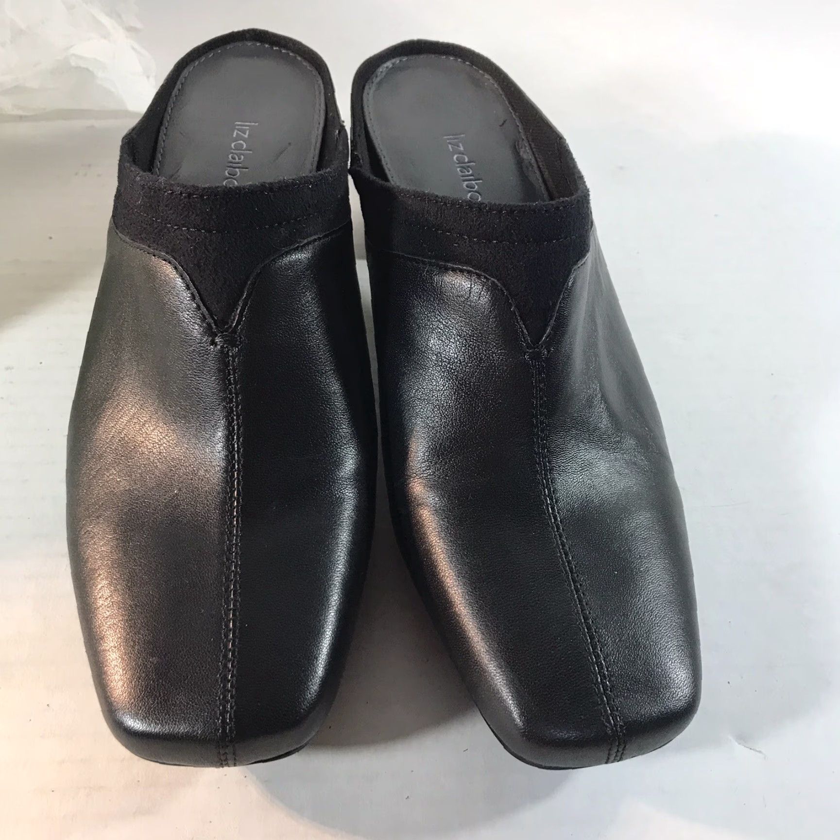 Liz Claiborne Liz Claiborne Black Leather Mules Womens Size 7.5 Square Toe Slip On Block Heel Size US 7.5 / IT 37.5 - 4 Thumbnail