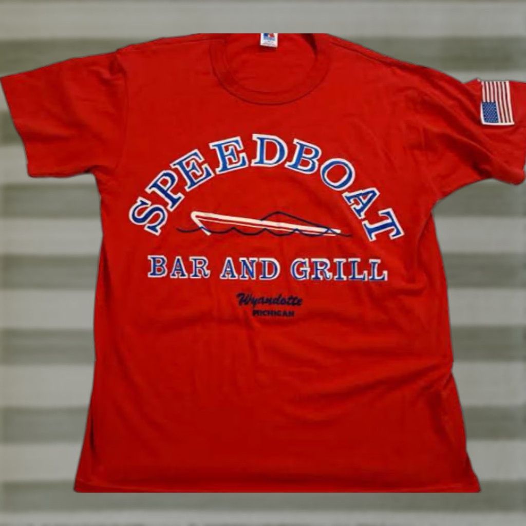 Speedo VINTAGE Speed Boat Bar and Grill Wyandotte Michigan Russell USA Made T-Shirt Large EUC Size US L / EU 52-54 / 3 - 1 Thumbnail
