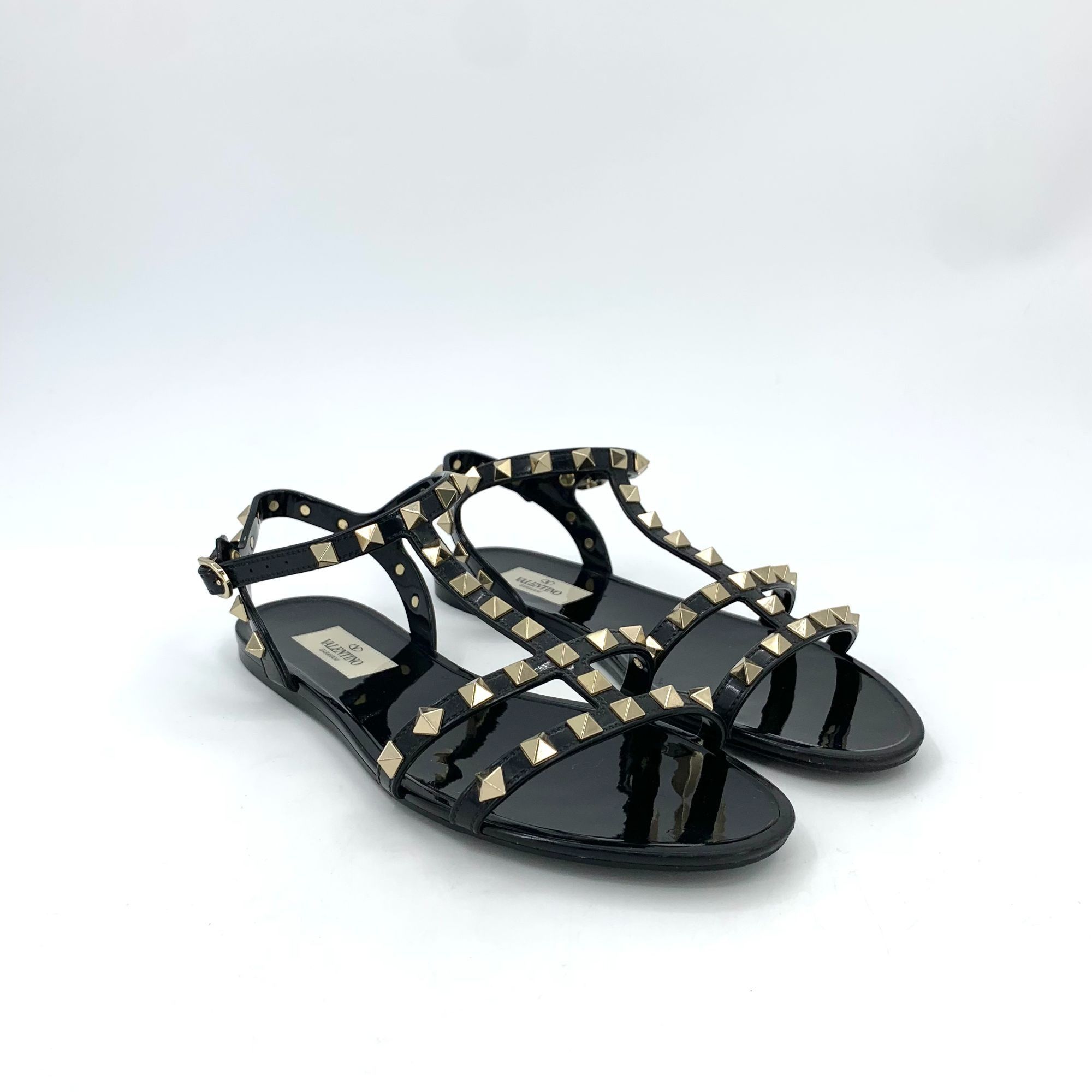 Valentino VALENTINO GARAVANI Black Patent Leather Rockstud Flat Sandal Size US 7 / IT 37 - 8 Thumbnail
