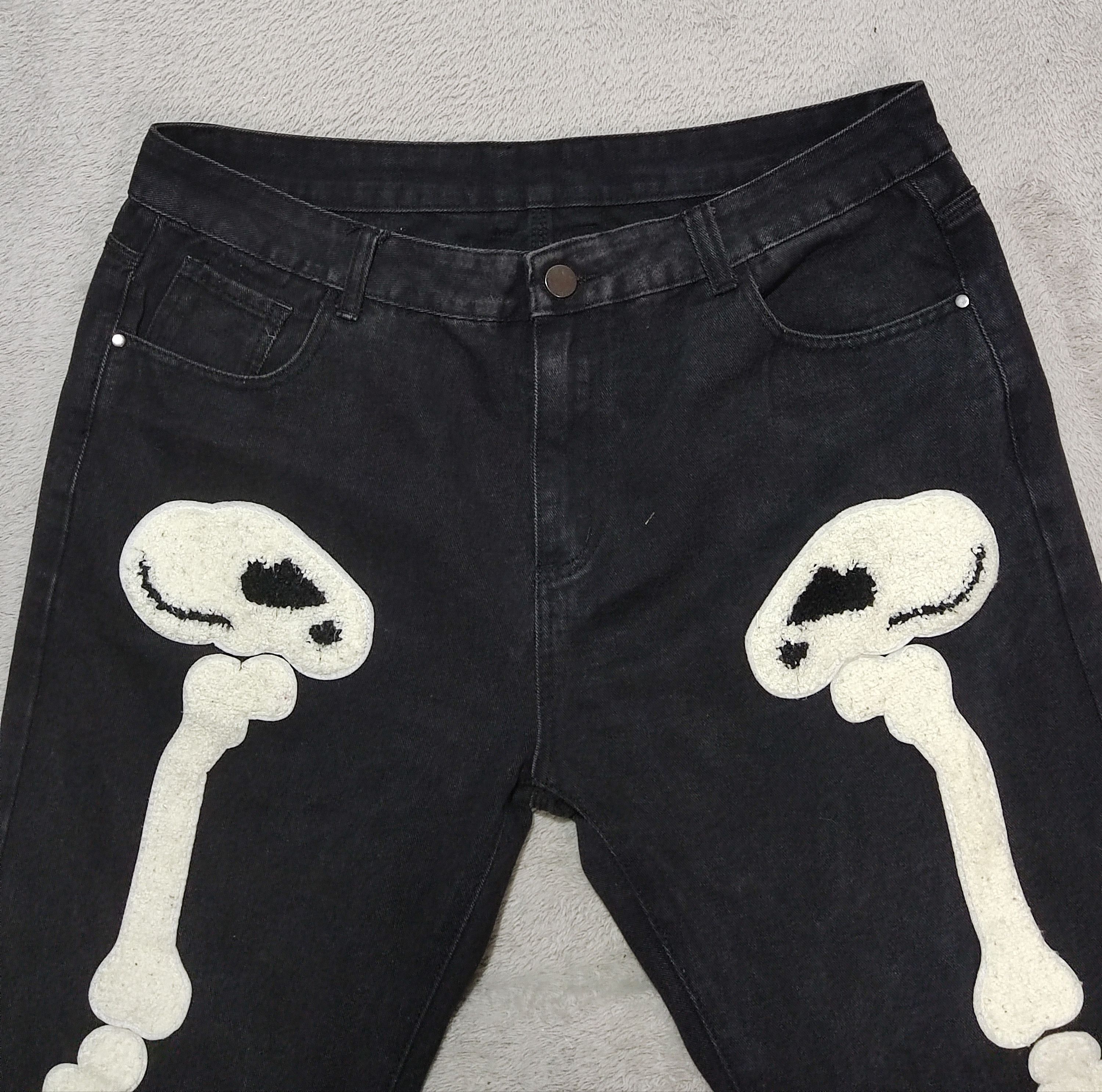 Japanese Brand Streetwear Skeleton Bone Chenille Patch Black Washed Denim Size US 35 - 3 Thumbnail