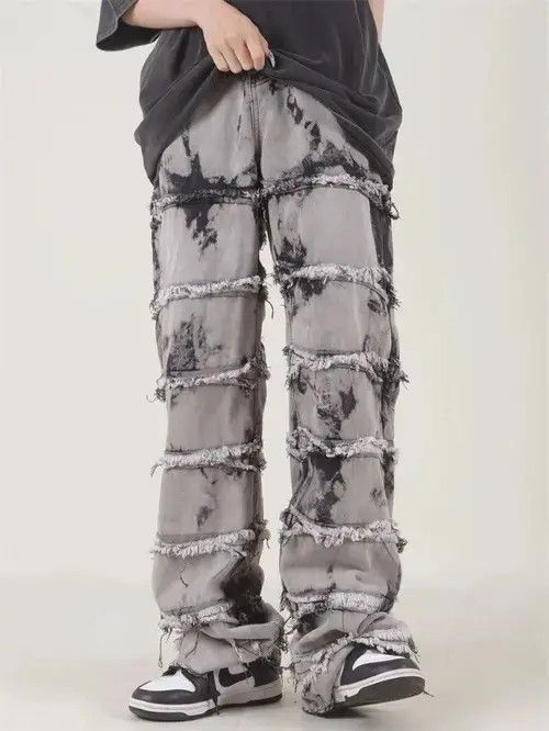 Striped Tassel Frayed Straight Baggy Jeans