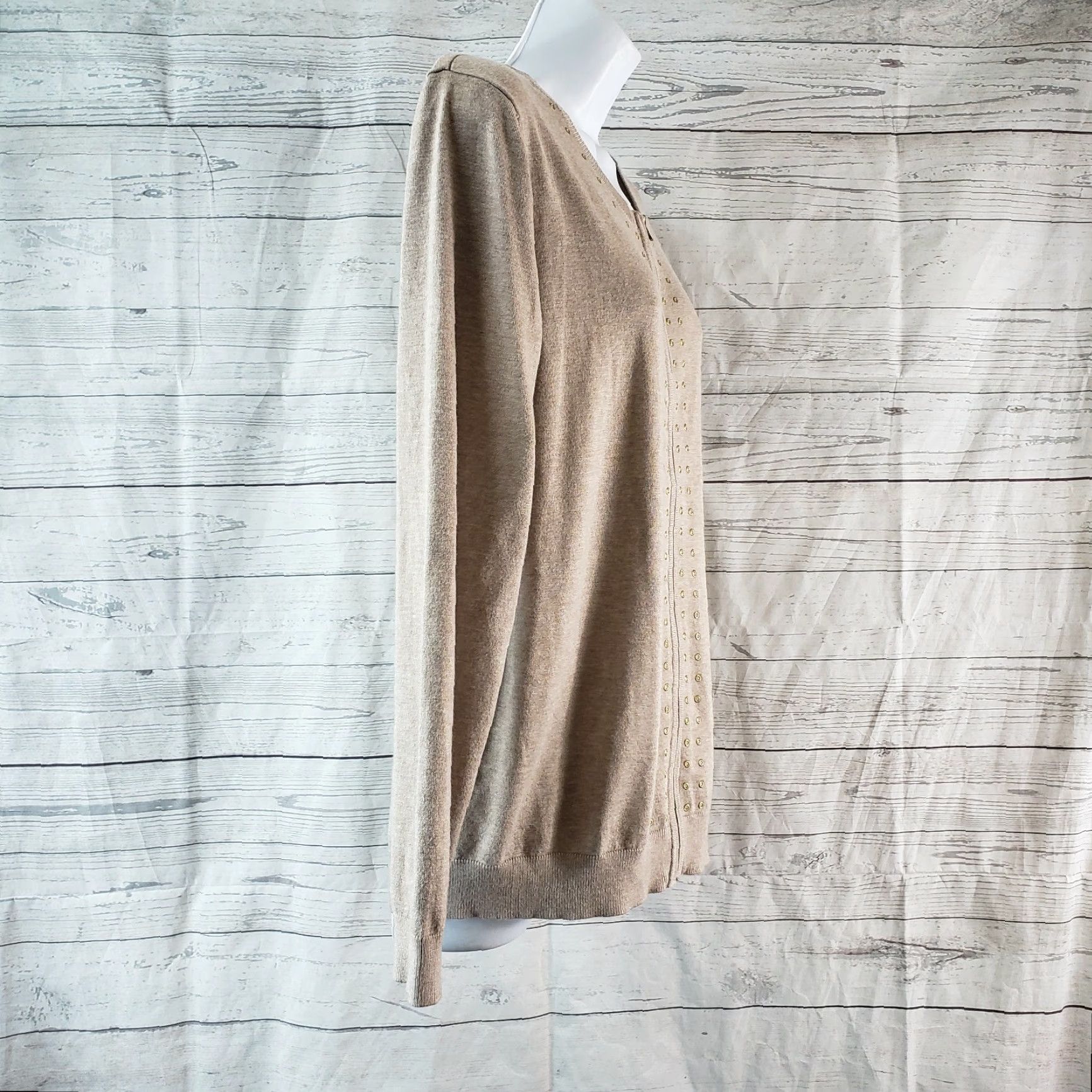 Vintage Sahalie Women's Sweater L Tan Embellished Full Zip Viscose Blend Knit Round Neck Long Sleeve Size L / US 10 / IT 46 - 3 Thumbnail