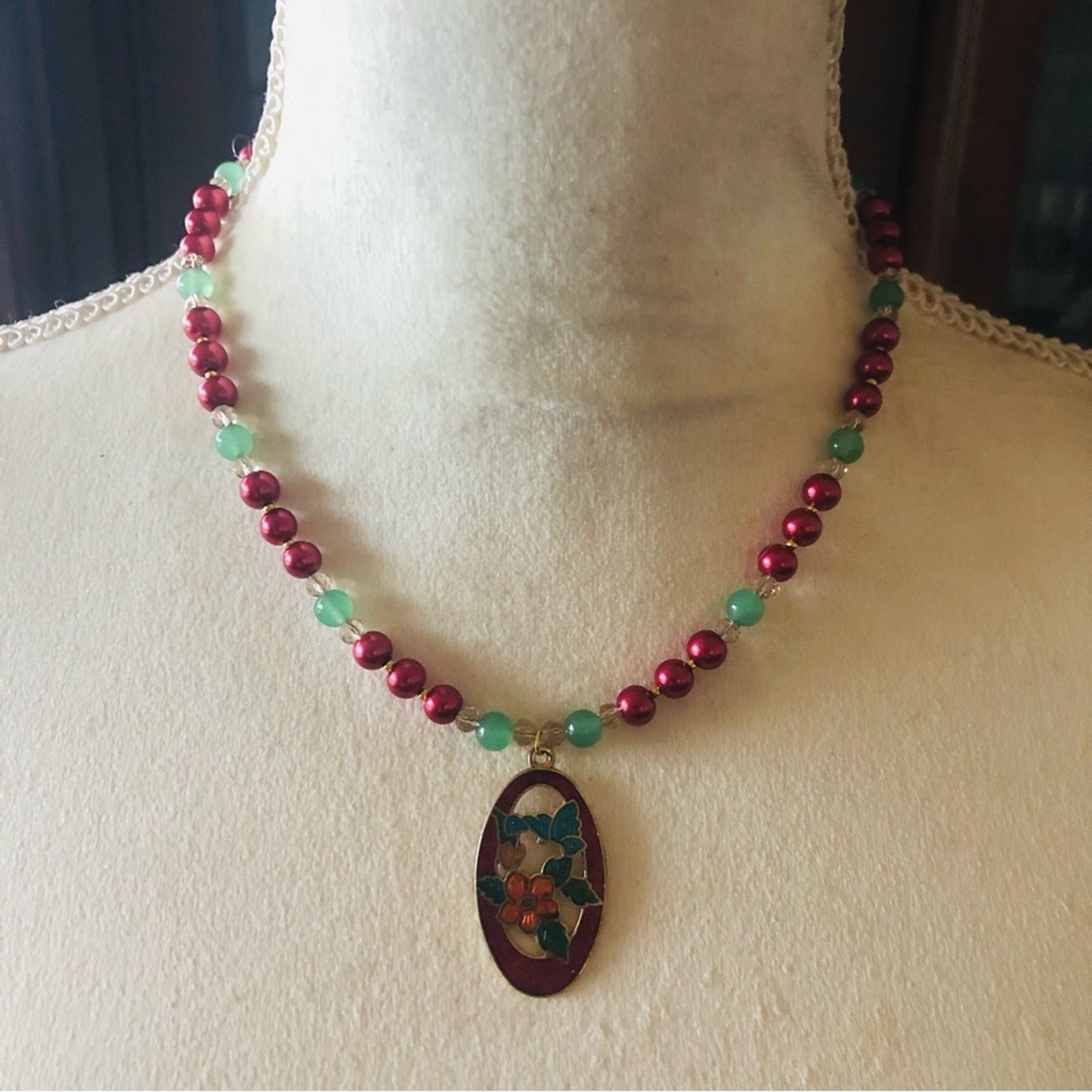 Handmade Handcrafted repurpose cloisonné Pearl necklace Size ONE SIZE - 2 Thumbnail