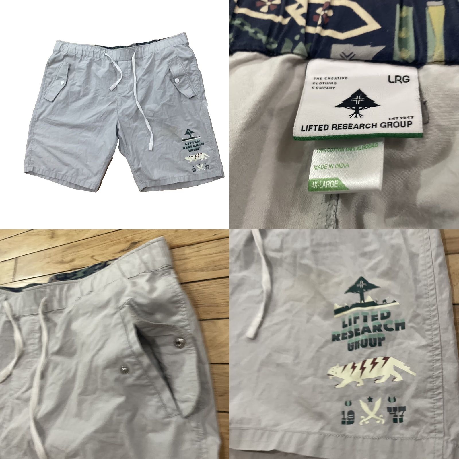 Vintage LRG Cargo Shorts Men 4XL Lifted Research Group Cat Graphic Gray 44x10 Regular Cotton Drawstring Pockets Logo Fashion Casual Streetwear Mens Size US 39 - 10 Thumbnail