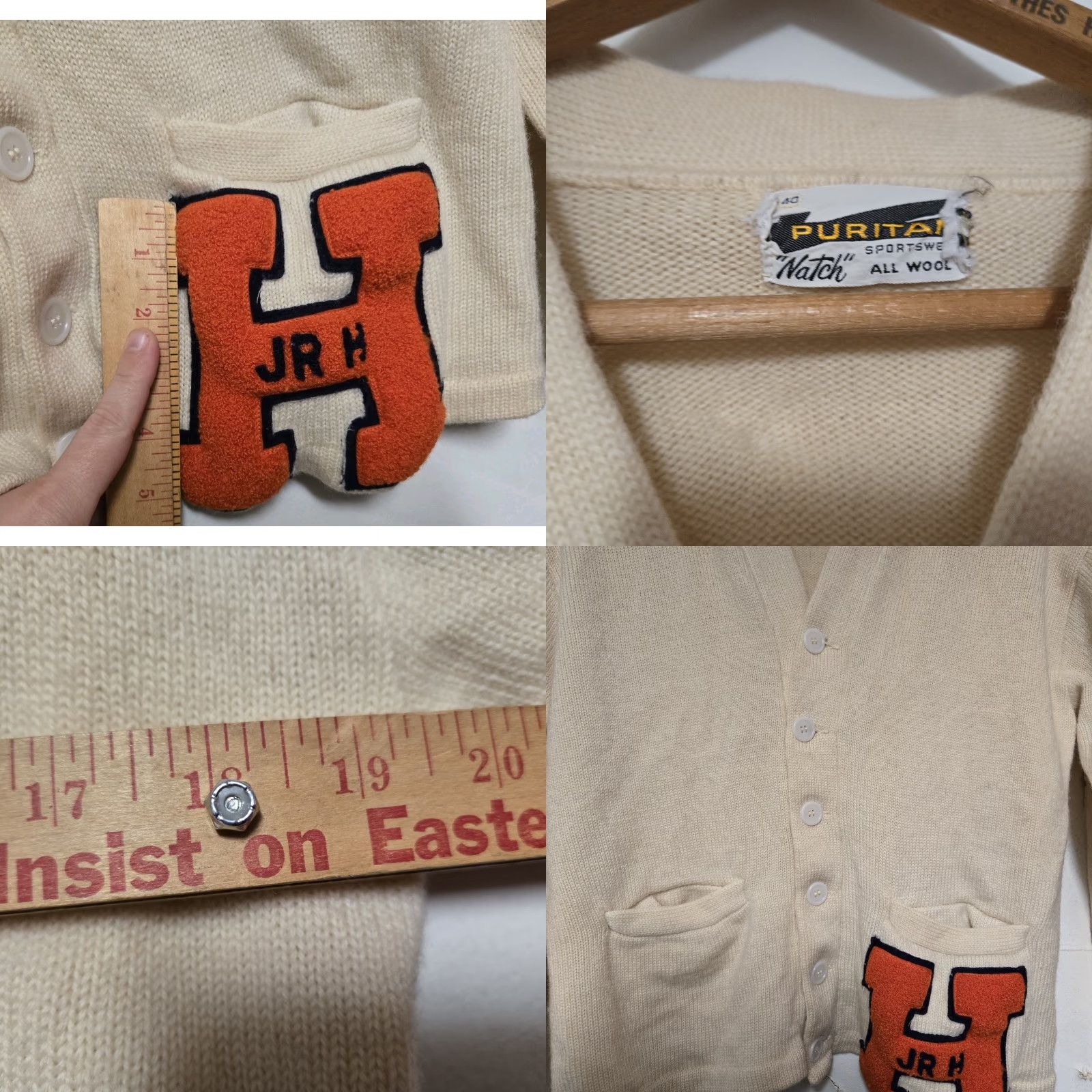 Vintage VINTAGE Puritan Letterman Varsity Cardigan Sweater M Cream 1950s Boys Mens Girls Size US M / EU 48-50 / 2 - 9 Thumbnail