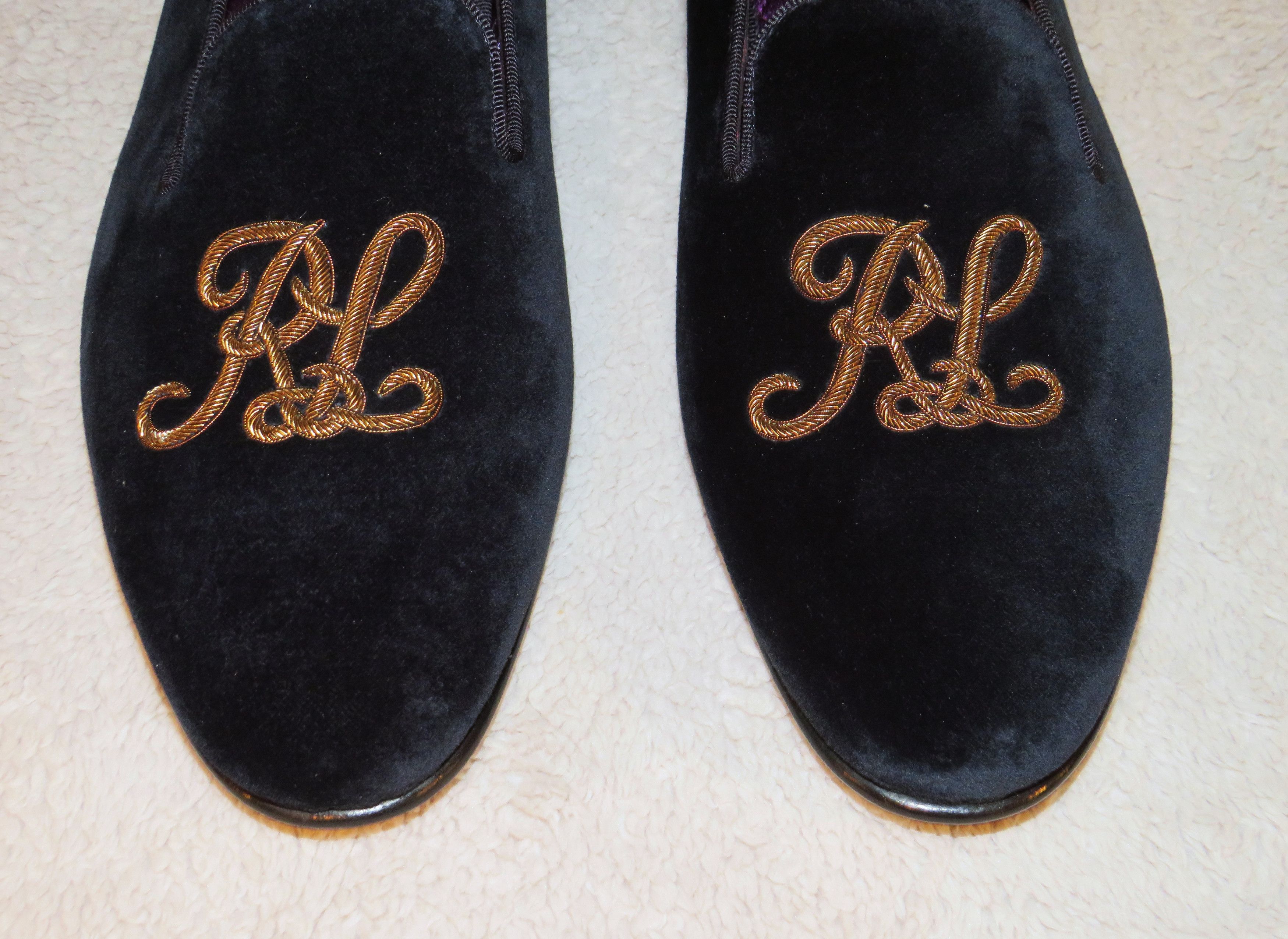 Ralph Lauren Purple Label Alonzo Navy Gold Bullion RL Velvet Slipper 8D NWB Size US 8 / EU 41 - 2 Thumbnail