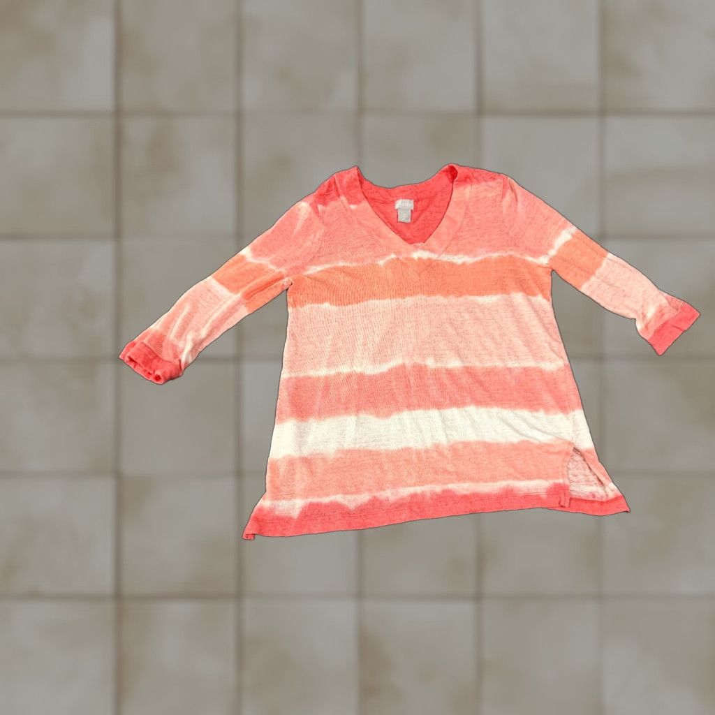 Vintage Chico's Blouse Shirt Womens 0 Pink White Striped Long Sleeve V-Neck Lightweight Linen Knit Rayon Casual All Seasons Spring Summer Fall Womens Size XS / US 0-2 / IT 36-38 - 1 Thumbnail