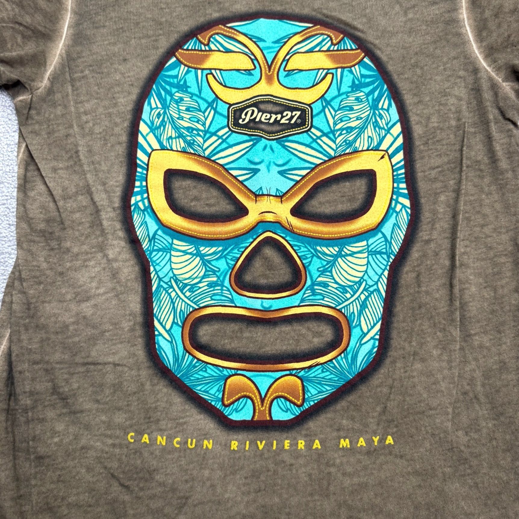 Vintage Pier 27 Cancun Riviera Maya Luchador Mask T-Shirt Mens Large Brown Mexican Tee Shirt Mens L Brown Pier 27 Mexican Streetwear Festival 90s Style Mens Size US L / EU 52-54 / 3 - 4 Thumbnail