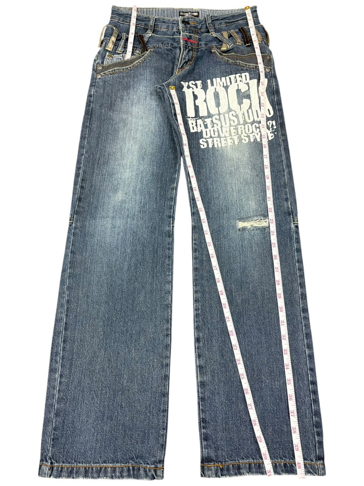 Japanese Brand Vintage Japanese Double Waist Printed Distress Loose Jeans Size US 29 - 11 Thumbnail