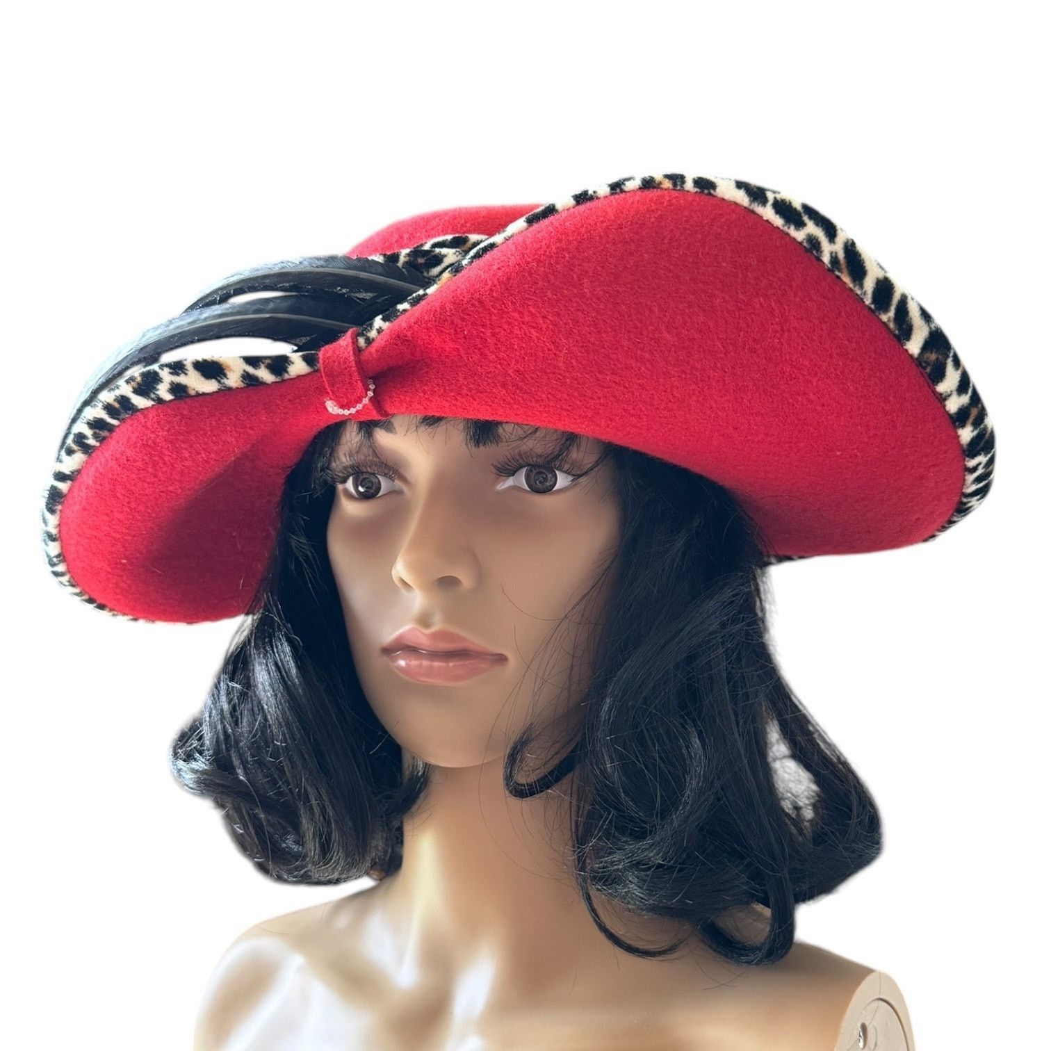 Vintage NWT 1960's Mr. John Classic Hat Red animal print feathers Size ONE SIZE - 14 Thumbnail