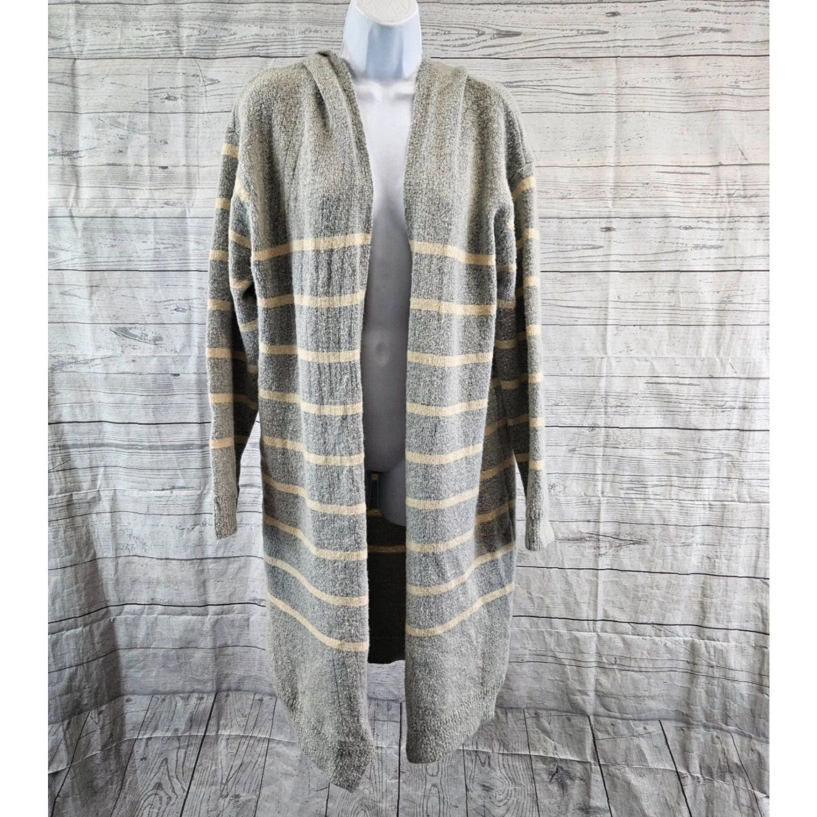 Vintage POL Duster Cardigan Sweatshirt Hooded Striped Gray Size S Women Long Sleeve Open Front Size S / US 4 / IT 40 - 2 Thumbnail