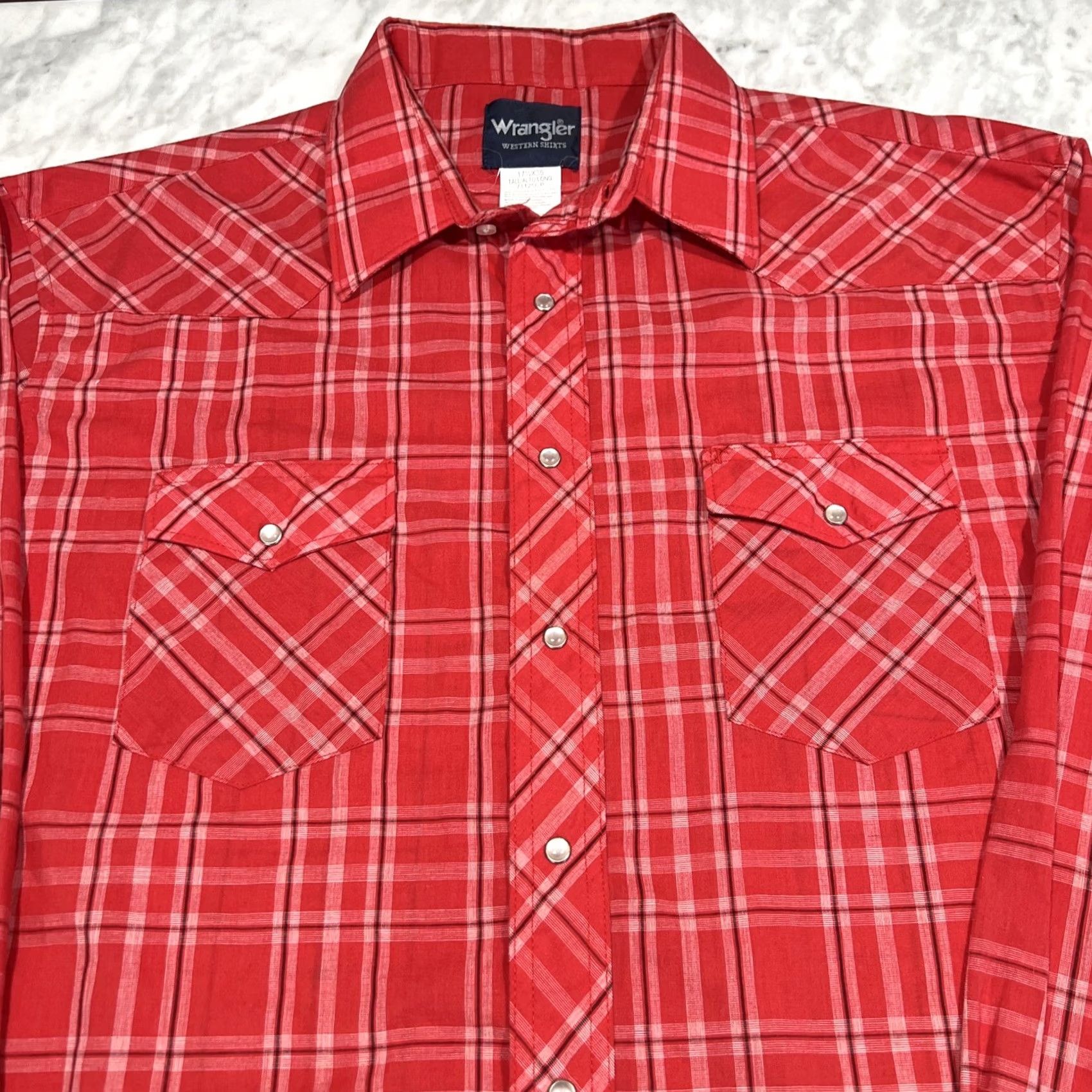Wrangler VINTAGE Wrangler Western Pearl Snap Shirt Men’s 17.5x36 Tall Lightweight Rancher Red Plaid Long Sleeve Button-Up Cowboys Western Mens Shirt Size US XXL / EU 58 / 5 - 2 Thumbnail