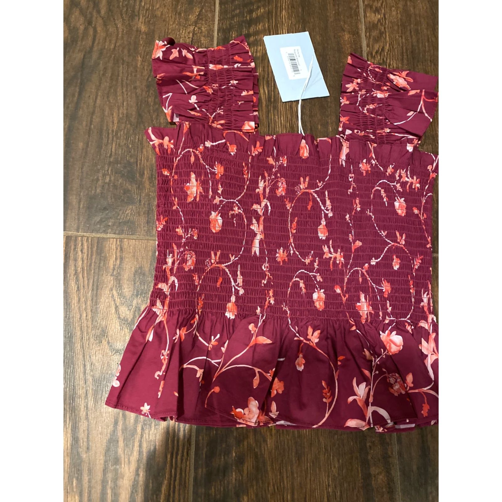 Vintage Hill House Top The Paz Burgundy Botanical Floral Smocked Cap Sleeveless Cotton S Size S / US 4 / IT 40 - 3 Thumbnail