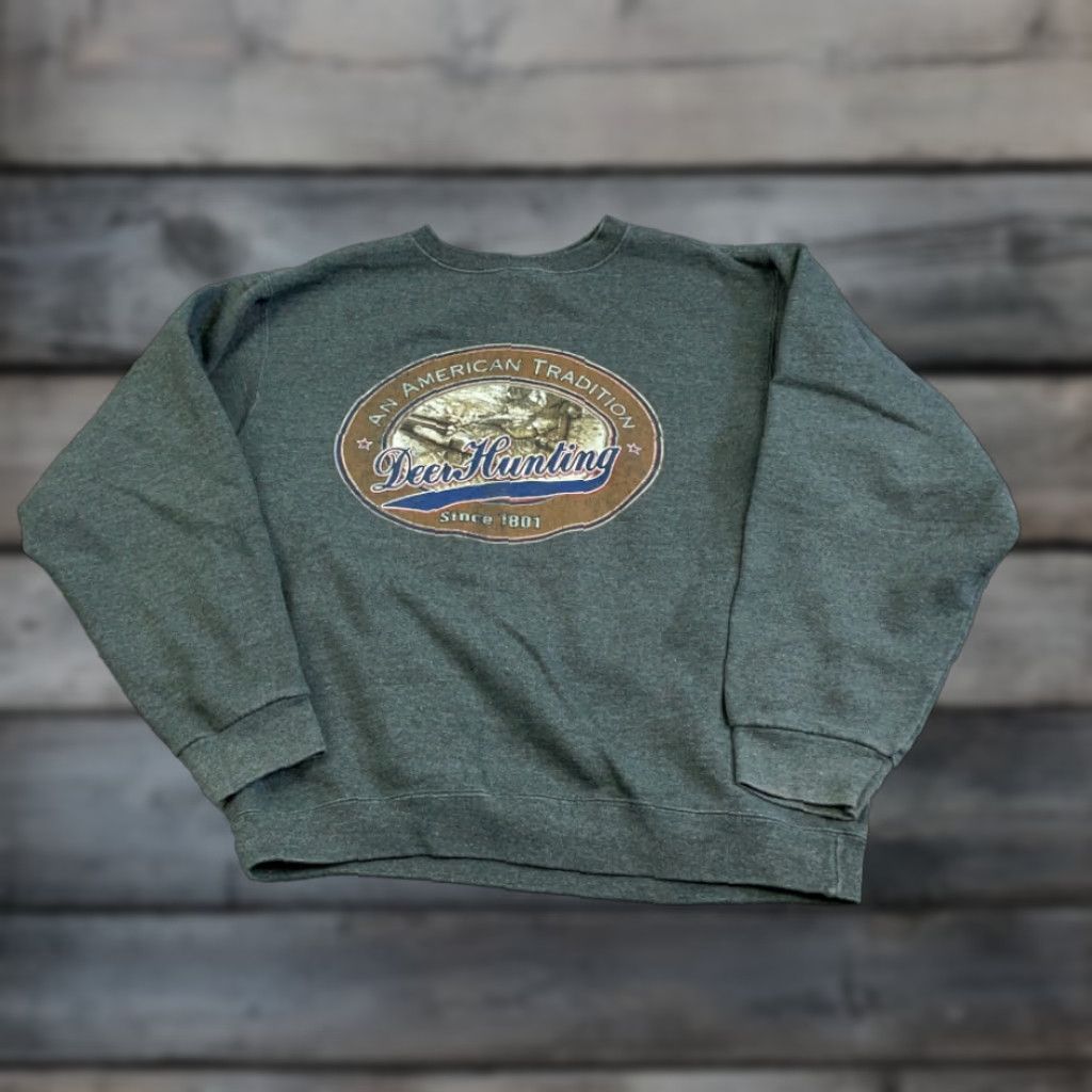 Vintage Pluma Deer Hunting Print Gray Sweatshirt Adult Large 50-50 Fleece VTG Size US L / EU 52-54 / 3 - 1 Thumbnail