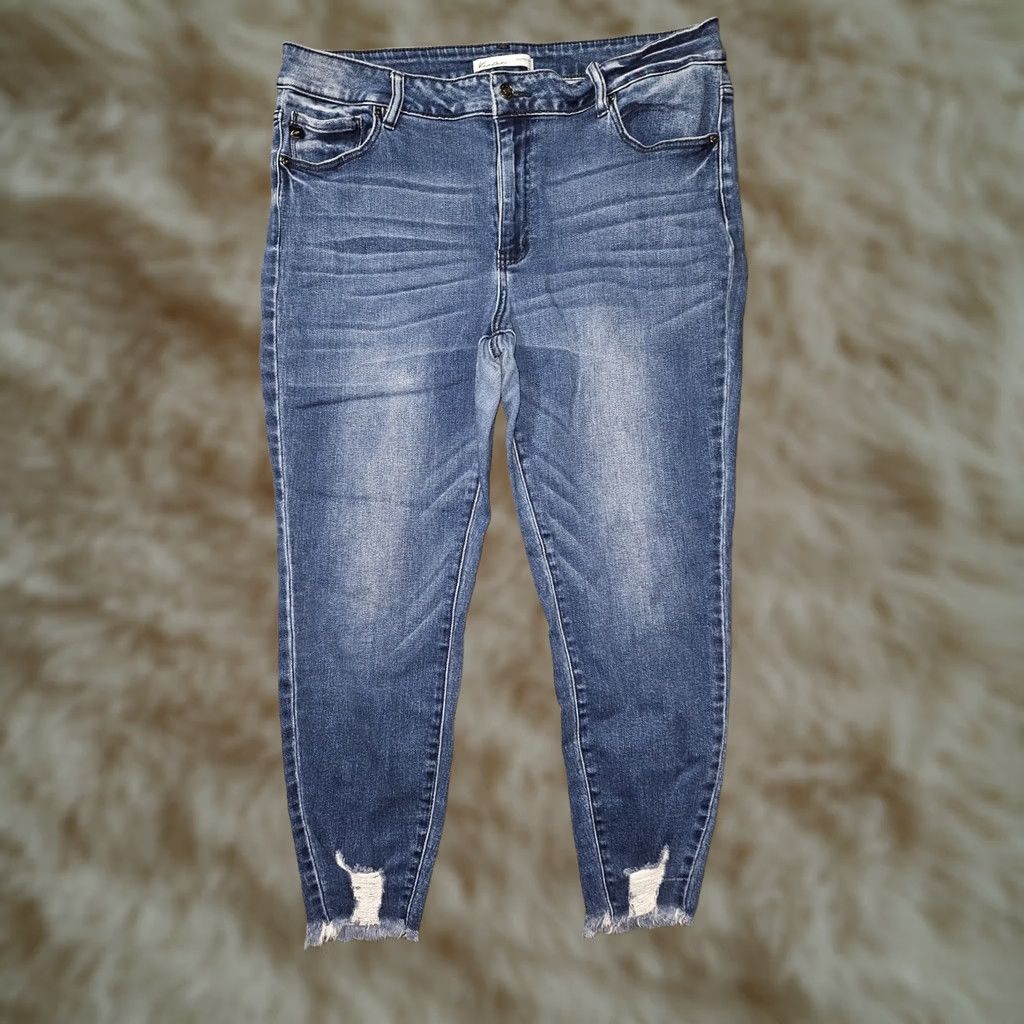 Vintage KanCan Jeans Womens 20 Blue Medium Wash Skinny High Rise Distressed Raw Hem Denim Plus Size 5-Pocket Pockets Stretch Jeans Mens? Size 42" / US 20 - 1 Thumbnail