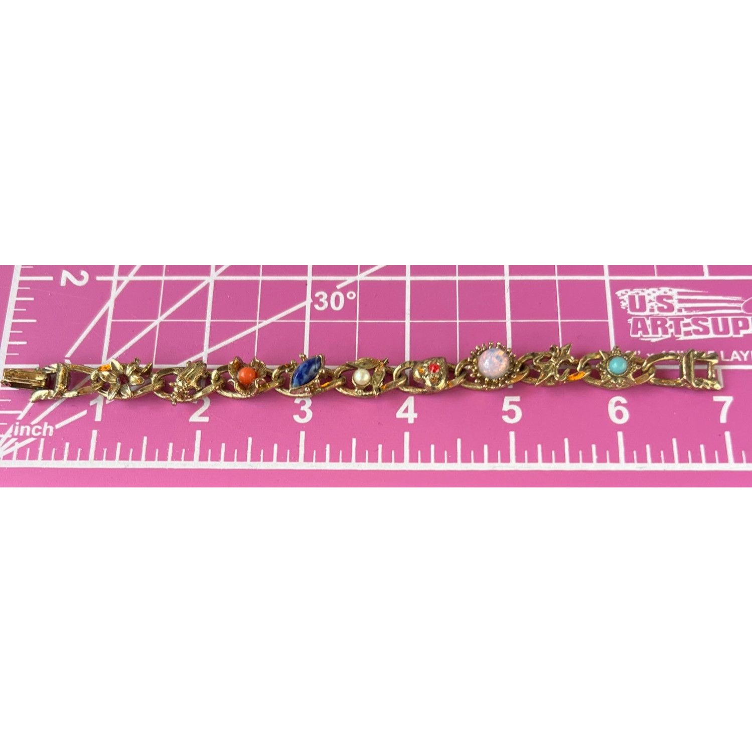 Other Vintage Gold Tone Multi Acrylic Rhinestone Link Bracelet Fol Size ONE SIZE - 5 Thumbnail