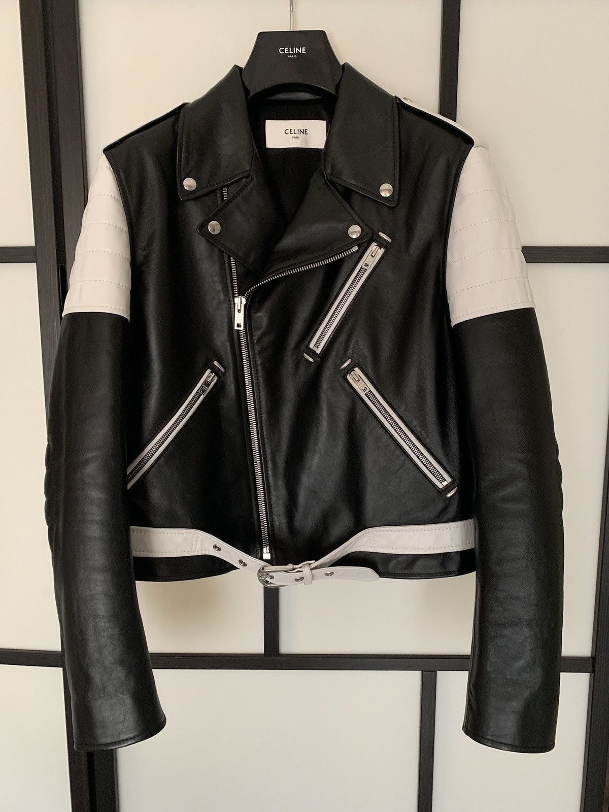 image of Celine x Hedi Slimane Ss19 Black White Padded Sleeve Calf Biker in Black/White, Men's (Size Large)